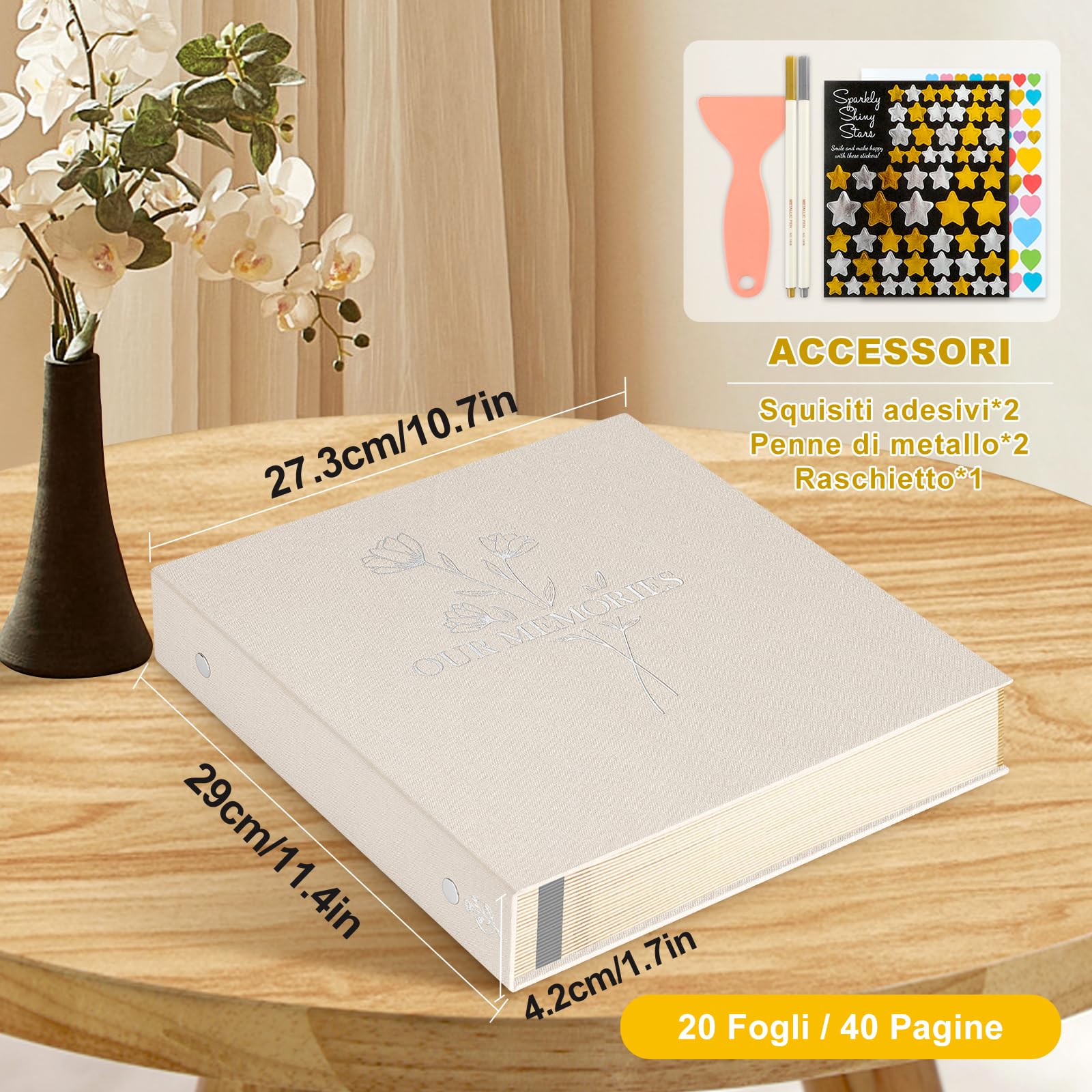 Lanpn Album fotografico autoadesivo, Piccolo OURMEMORIES album di foto in lino pagine magnetiche appiccicose, contiene diverse dimensioni 10x15cm 13x18cm immagini A5 (20 fogli / 40 pagine, Beige)