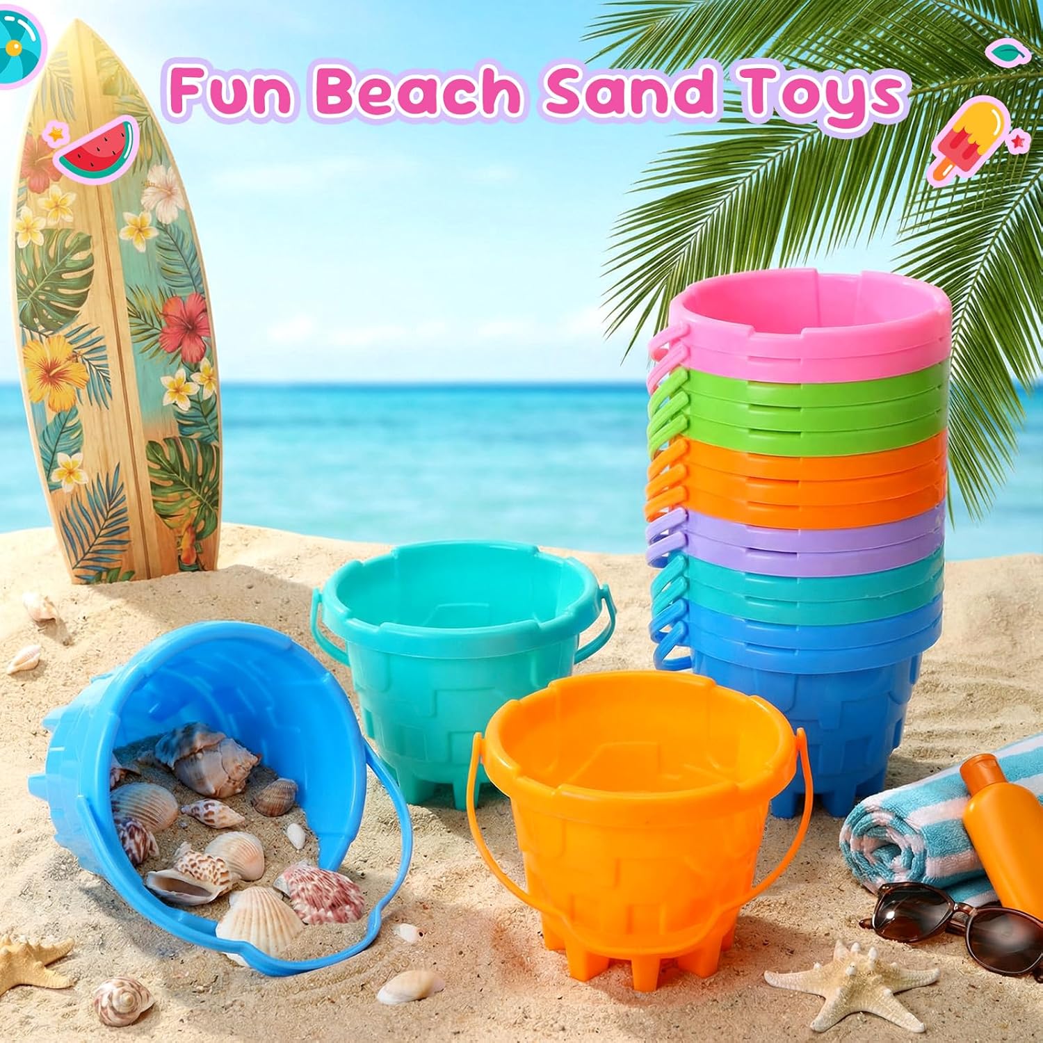 Didaey 30 Pcs Beach Buckets for Kids, Plastic Sand Pails for Boys and Girls, Sand Buckets for Beach, Sandbox, Pool, Gardening, Summer Party Favors (Warm Color)
