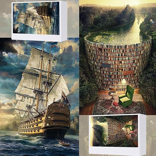 Paquete de 2 rompecabezas de 1000 piezas con canal de estantería y velero, rompecabezas de biblioteca de libros para adultos de 1000 piezas en