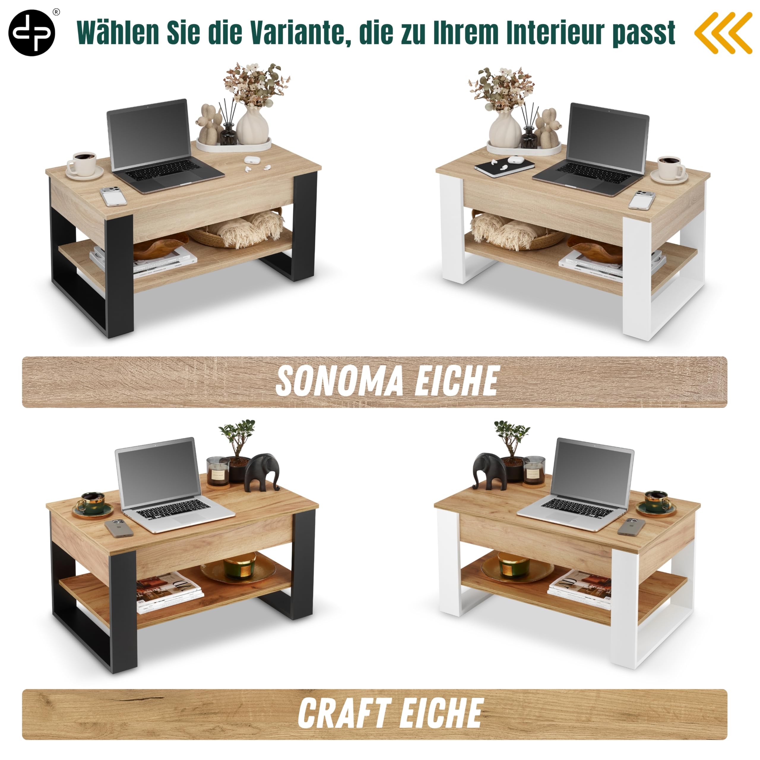 defiPad Couchtisch Höhenverstellbar mit Stauraum, Wohnzimmertisch Eiche-Schwarz mit hochziehbarer Tischplatte, verstecktem Fach und Ablage, 92 x 51 cm
