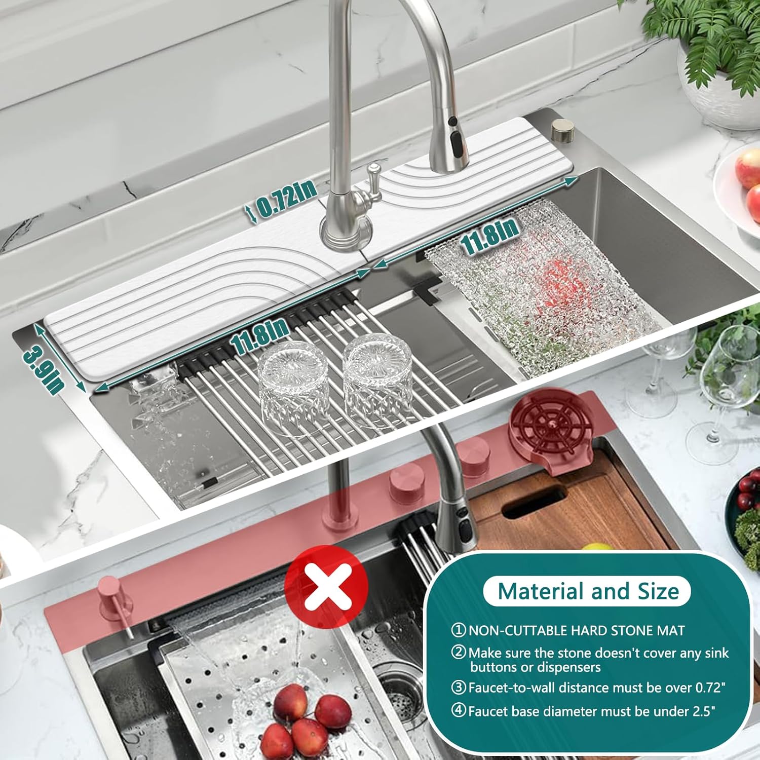Kitchen Sink Diatomite Splash Guard - Fast-Drying Anti-Slip Diatomite Sink Protector, Stone Absorption Tray for Bathroom Countertops (White, 23.6" x 3.9" x 0.4")