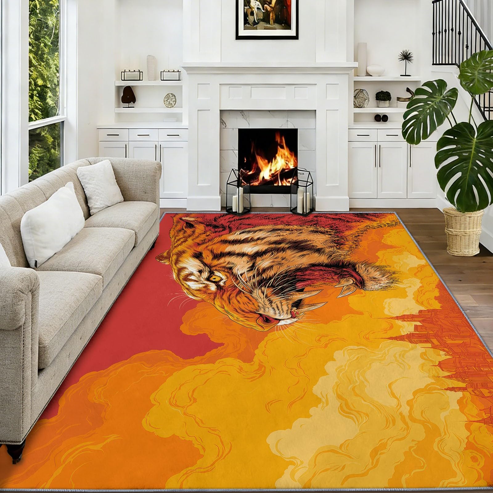 Fierce Flaming Tiger - Alfombra antideslizante (180 x 240 cm), diseño de animales de fantasía, alfombra para dormitorio de niños y niñas, alfombra de suelo para sala de estar, dormitorio, alfombra de