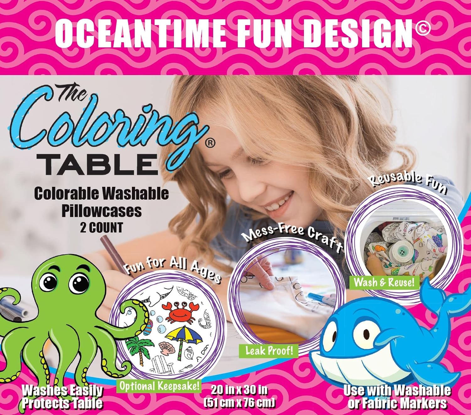 Oceantime Fun Design - Set of 2 Pillowcases - Interactive Coloring Pillowcases for Kids - Fabric - Washable and Reusable – DIY Activity for Children and Adults and Adults