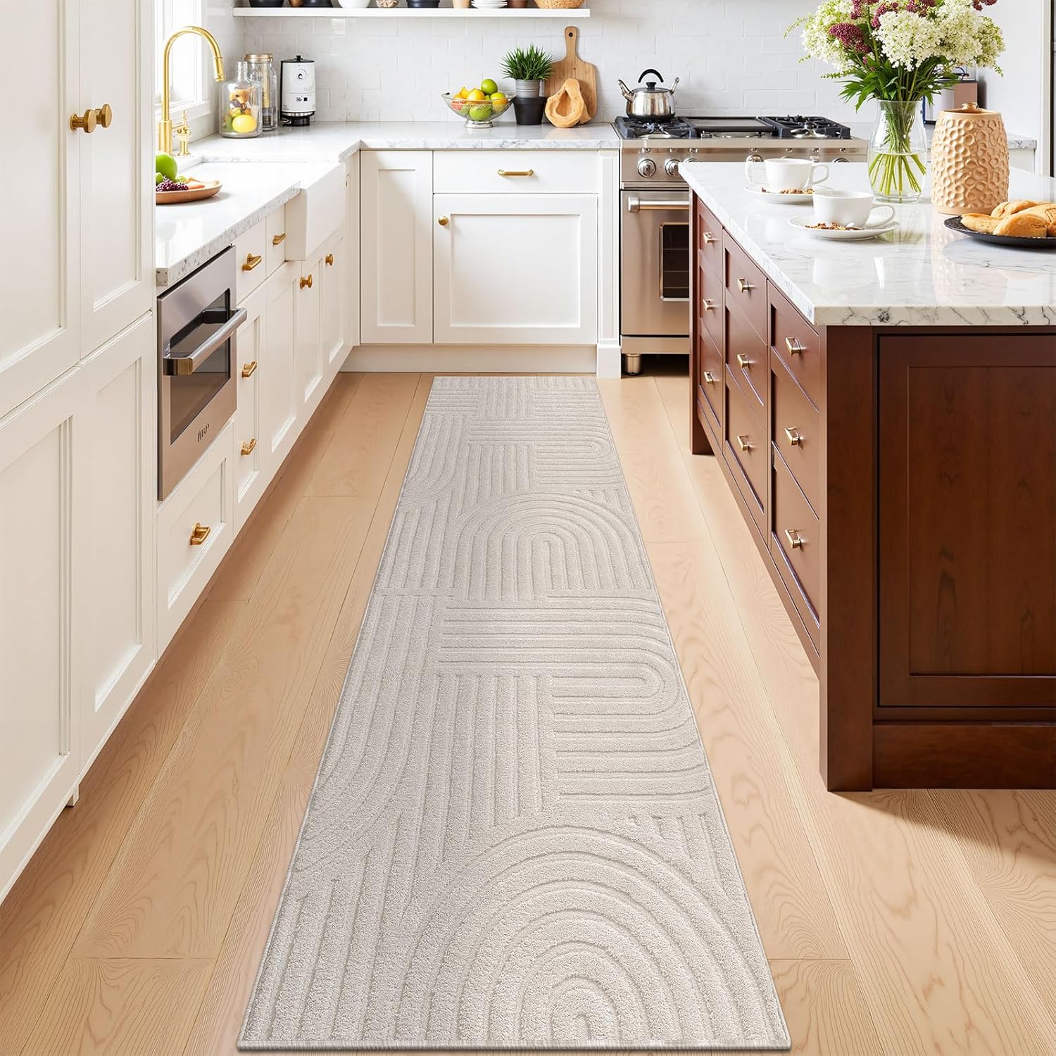 SHACOS Soft Cozy Fluffy Arch Pattern High-Low Pile Runner Rugs 2'x10' Non Slip Washable Scandinavian Minimalist Rug Runner Modern Geometric Carpet for Living Room Bedroom Bathroom Hallway, Beige
