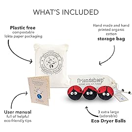 Friendsheep Wool Dryer Balls, Organic Reusable Fabric Softener Alternative for Laundry, Handmade, Fair Trade, Hypoallergenic, Eco-Friendly, Plastic-Free (3 Pack XL - Ladybug)
