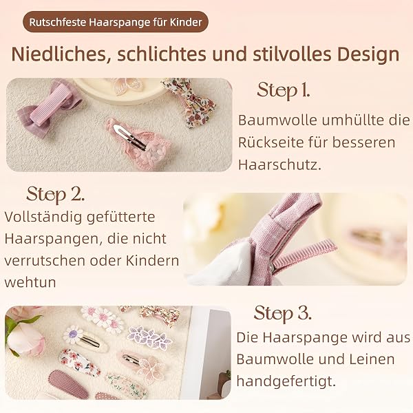 KAQILE Lot de 14 pinces à cheveux pour filles, nœuds, accessoires capillaires, design marguerite, coton et lin (rose) - 3