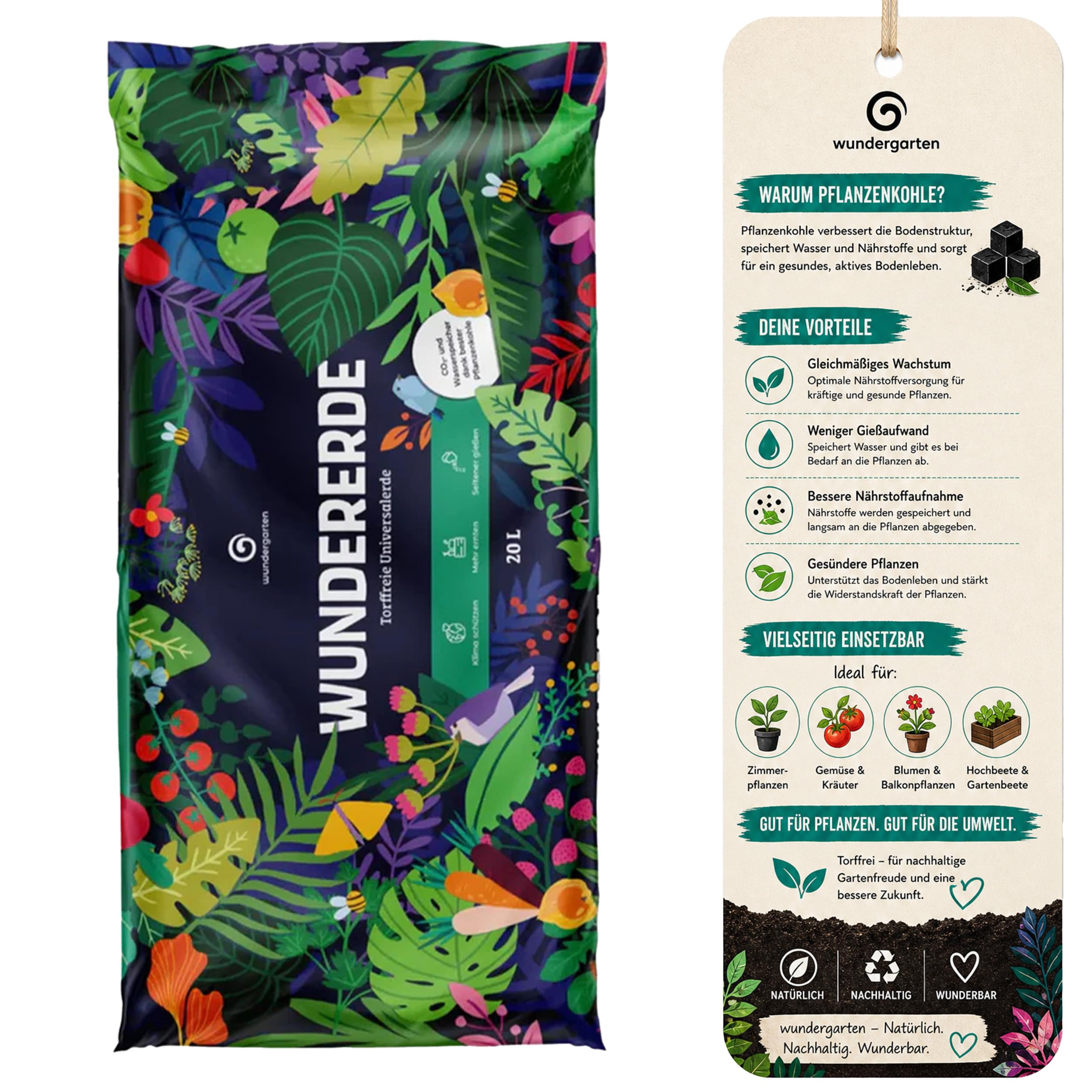 6X 20L Bio Universalerde torffrei – Mit Pflanzenkohle – Wundergarten Wundererde – Blumenerde für Zimmerpflanzen, Balkon & Garten – Weniger Gießen & Düngen