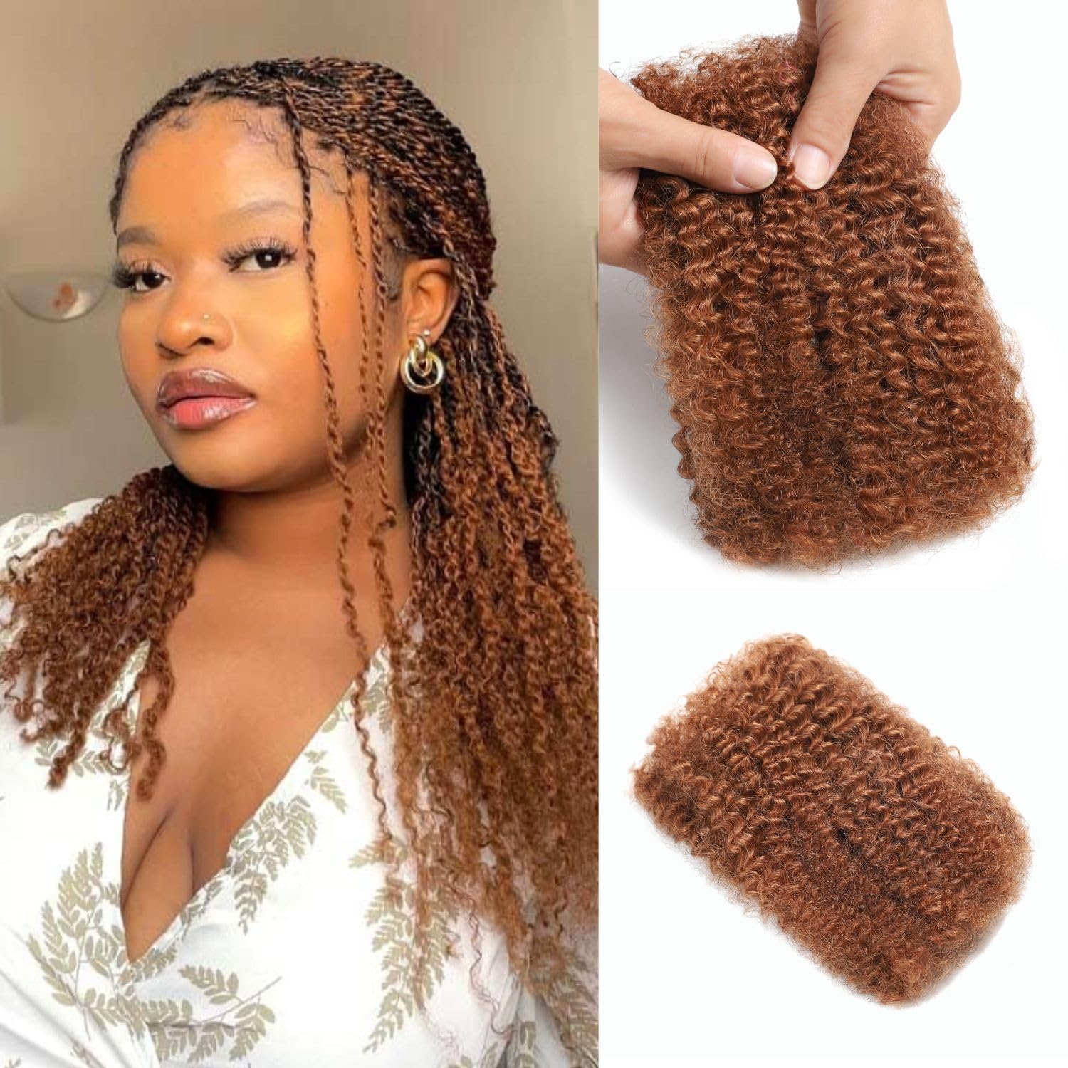 Afro Kinkys Bulk Human Hair for Braiding Twists Braids Mini Locs Dreadlock Extensions Afro Kinky-Curly Human Braiding Hair Bundles Bulk for Men Women Kids 16 Inch 50g 30 Chocolate Brown Easy Install