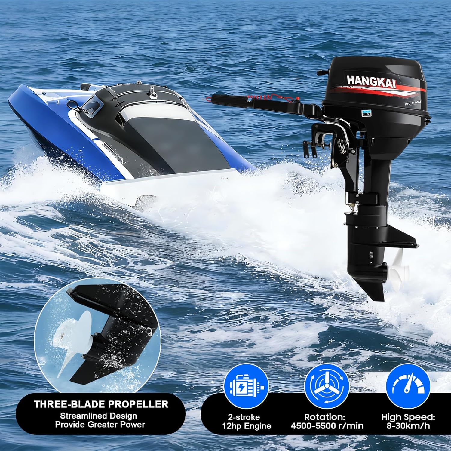 Hangkai 2-Stroke 12HP Outboard Motor, Multi-gear Outboard Motors, Outdoor Boat Motors with CDI Ignition System Water Cooling System for Rubber Boats Inflatable Boats Yachts