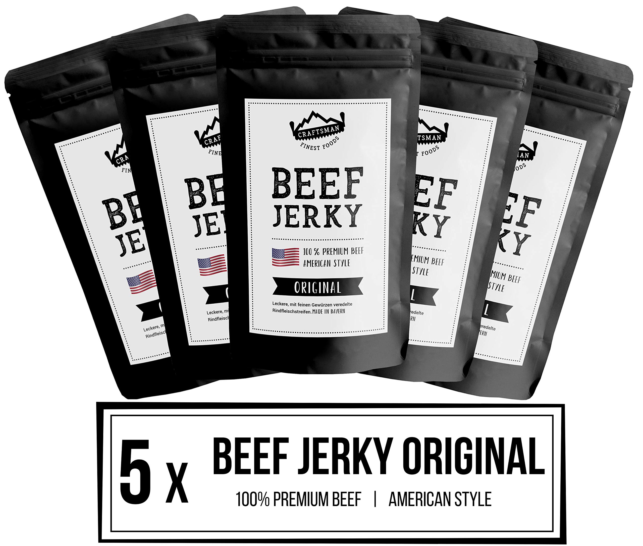 Craftsman Beef Jerky ORIGINAL 500 g (5 x 100g) | Trockenfleisch aus Deutschland - Bayern | American Jerky Beef Set | 100% Rindfleisch | Original | Premium Meat Snack MADE IN GERMANY
