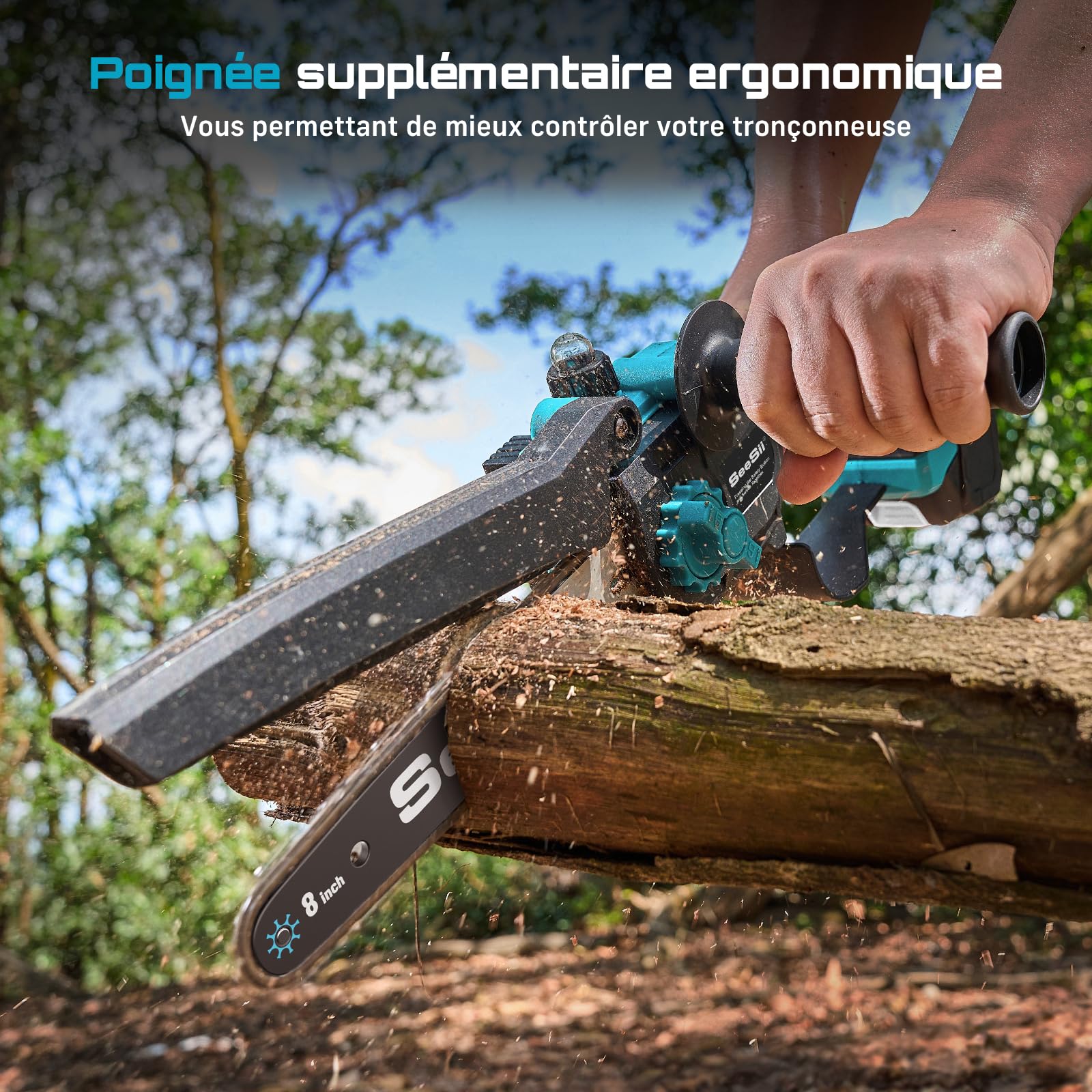 SEESII PS810 Mini Tronconneuse & Elagueuse sur Perche 8 Pouces, 2-en-1 Tronconneuse a Batterie, avec 2 x 4000 mAh Batteries, Portée 4,87 M, Système D'huile Automatique, pour Branches et Jardin