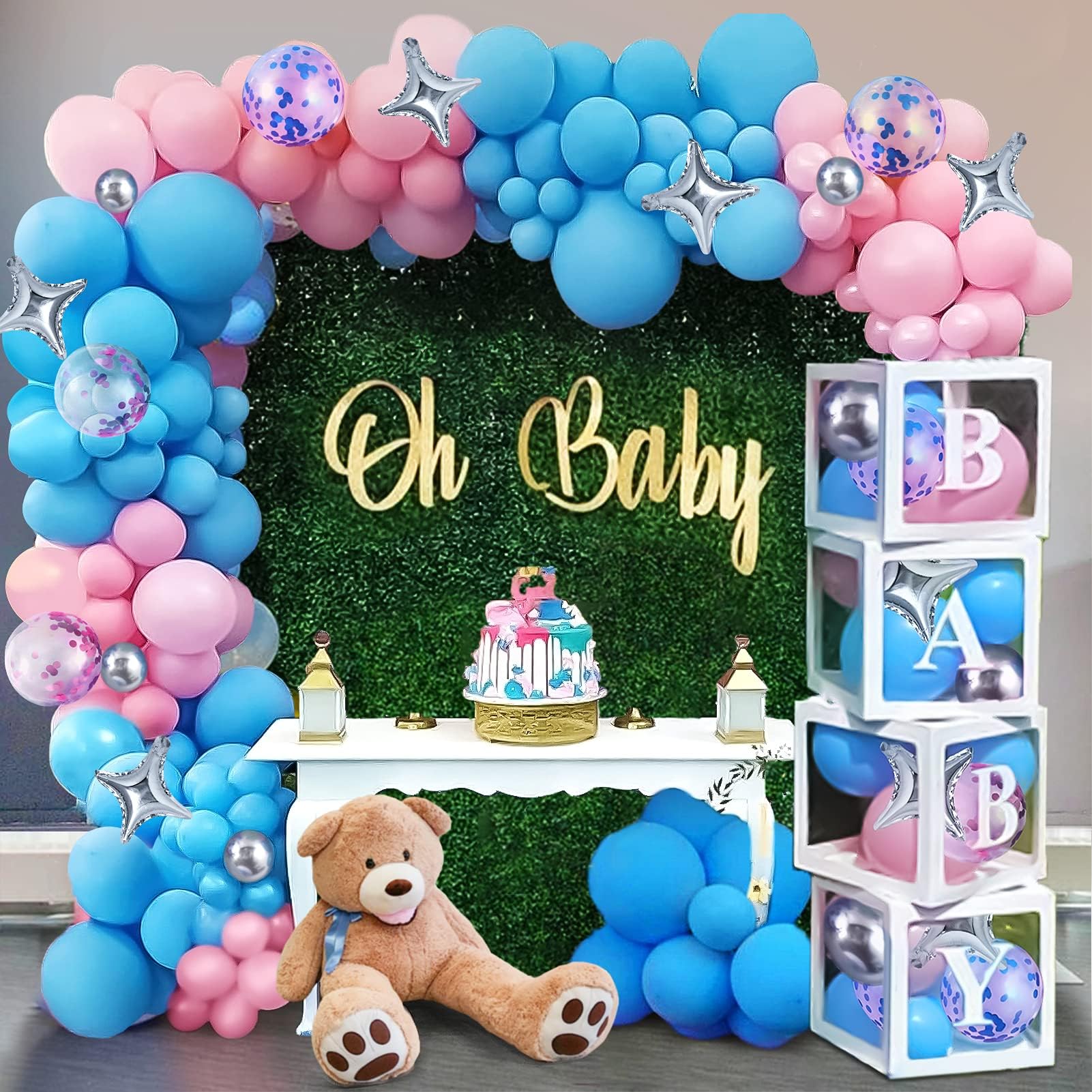 Winrayk Baby Box Gender Reveal Baby Shower Decorations, Baby Boxes with Letters & Pink and Blue Balloons Arch Kit Star Foil Balloon Gender Reveal Ideas Games, Boy or Girl Gender Reveal Party Supplies