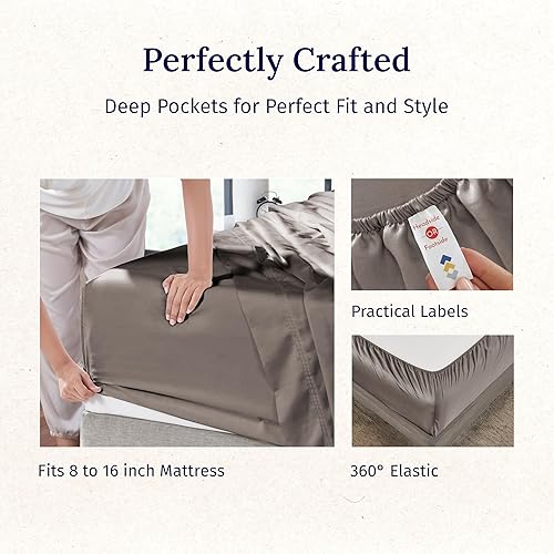 Vista 19 de California Design Den Juego de sábanas de 100% tejido de satén de algodón de 600 hilos, esquinas profundas, suaves, lavanda, tamaño King California