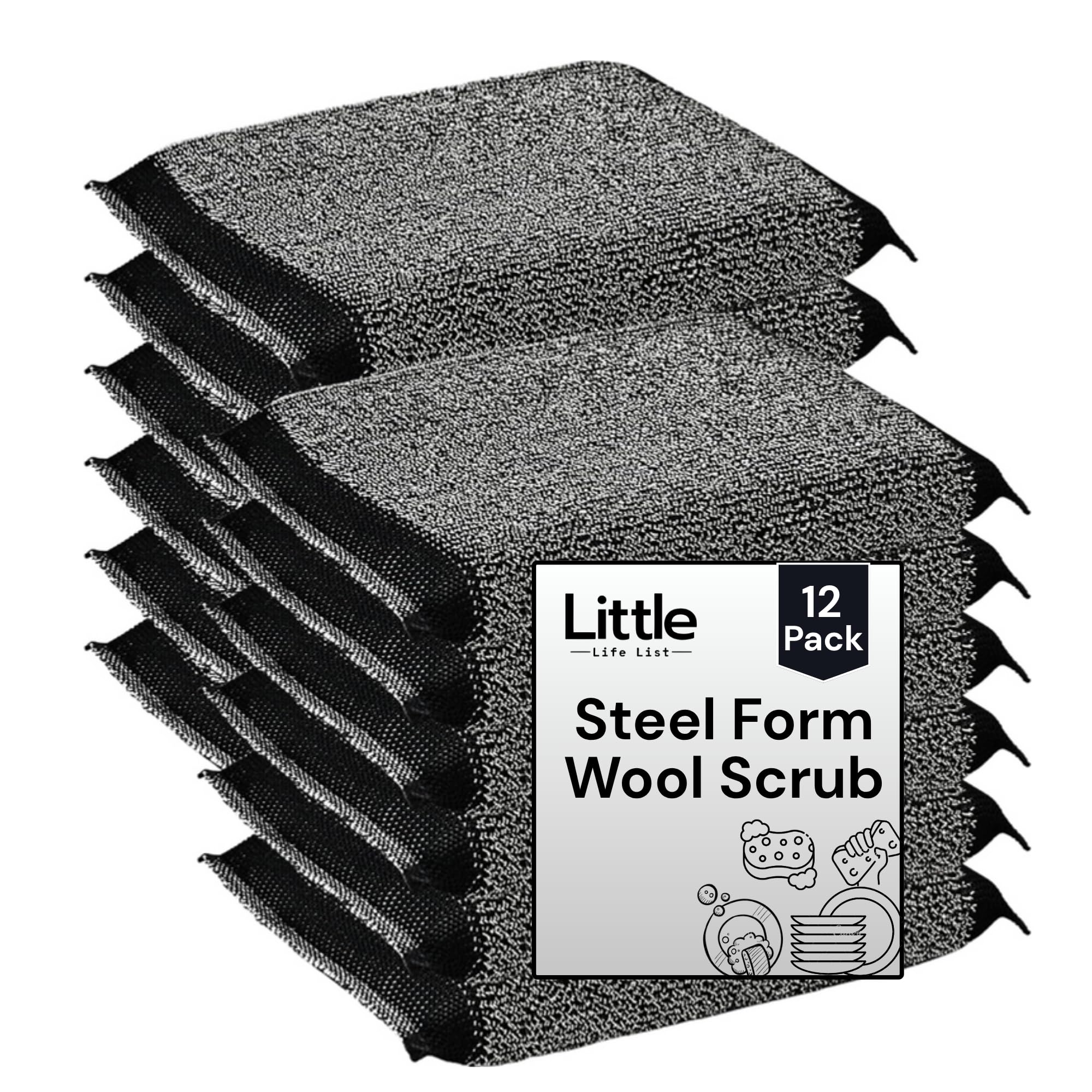 Steel Form Scrub Sponges, Scrubber Pad for Cleaning Kitchen, Utensils, Vessels, Tile and Car, Grey, Pack of 12