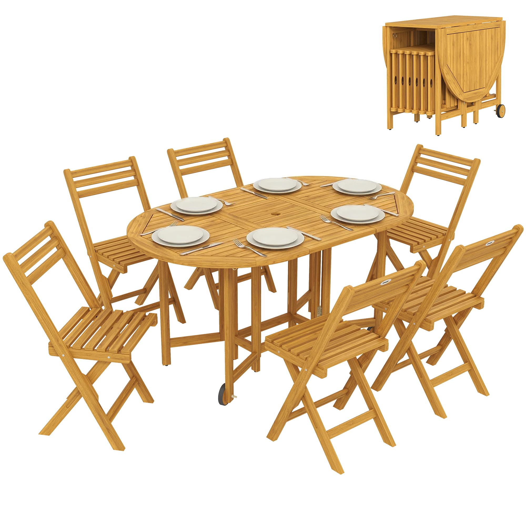 Outsunny Set Tavolo e Sedie da Giardino 7 Pezzi in Legno Acacia Pieghevole con Foro Ombrellone Ruote