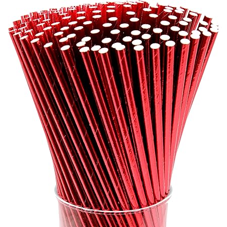 FAMASTON 150-pack Biodegradable Metallic Red Paper Straws - Disposable Drinking Metallic Red Straws - Metallic Red Sticks for Cake Pops in Birthday, Anniversary, Wedding, Holiday Celebrations