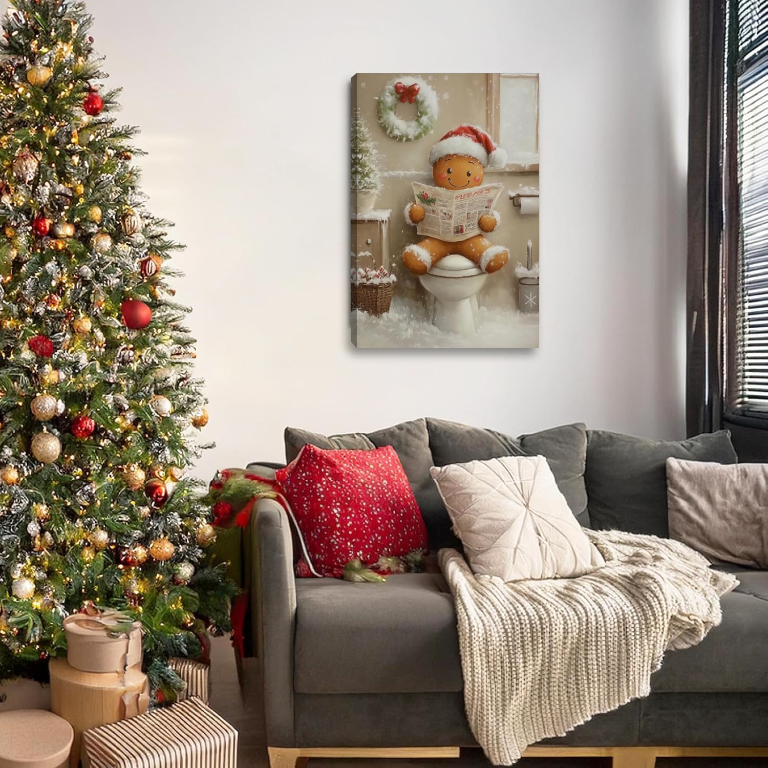 Christmas Winter Canvas Wall Art, Gingerbread Man Painting Poster, Gingerbread Reading Newspaper on Toilet Wall Decor,Christmas Picture for Wall Living Room Bathroom Bedroom Home Decoration 16*24 in ( Stretched Canvas on A Wooden Frame)