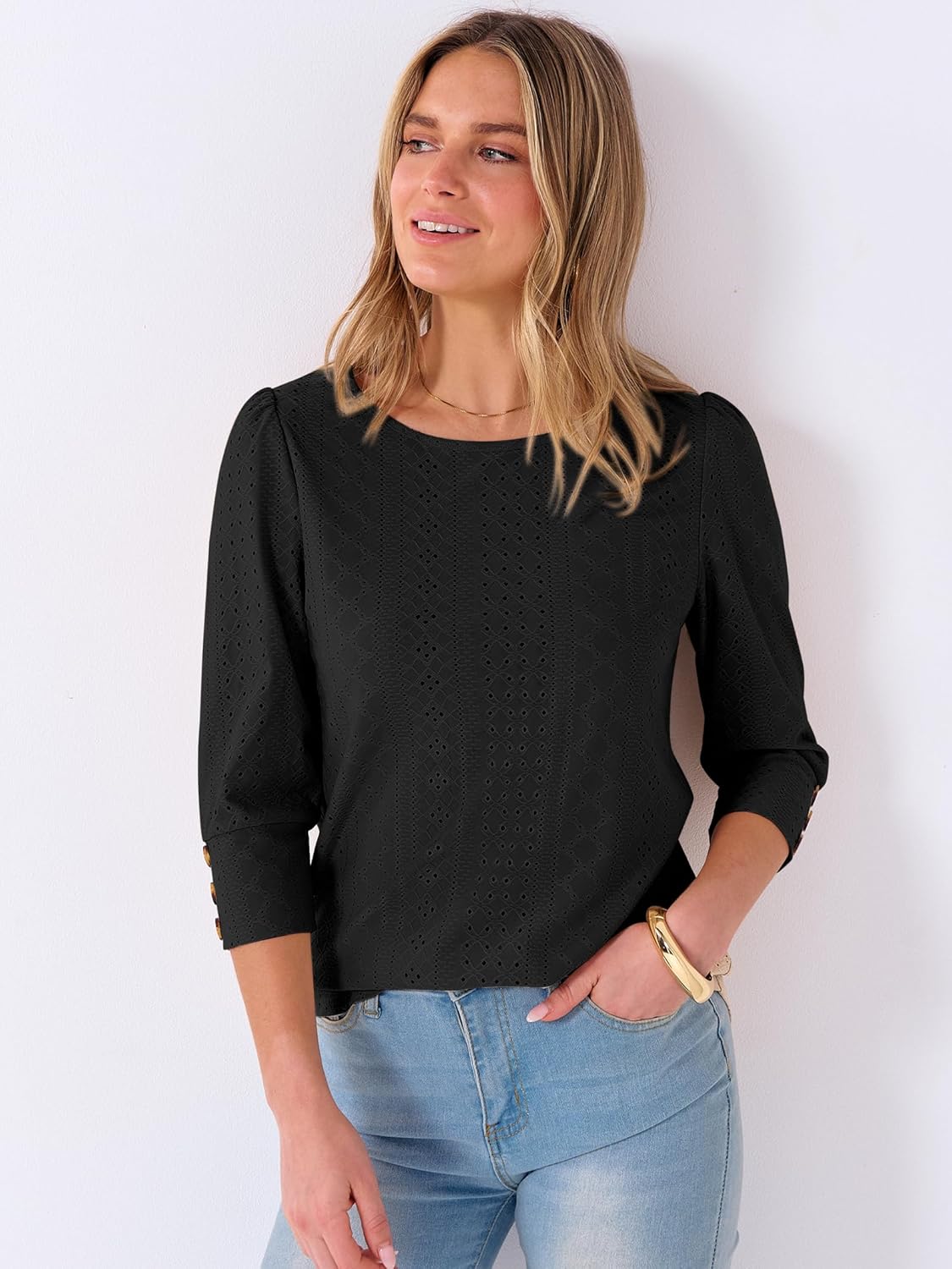 ANRABESS Womens Tops 3/4 Sleeve Dressy Casual Blouses with Buttons Summer Eyelet Business Shirts Tunics 2026 Spring Clothes Black XX-Large - Image 4