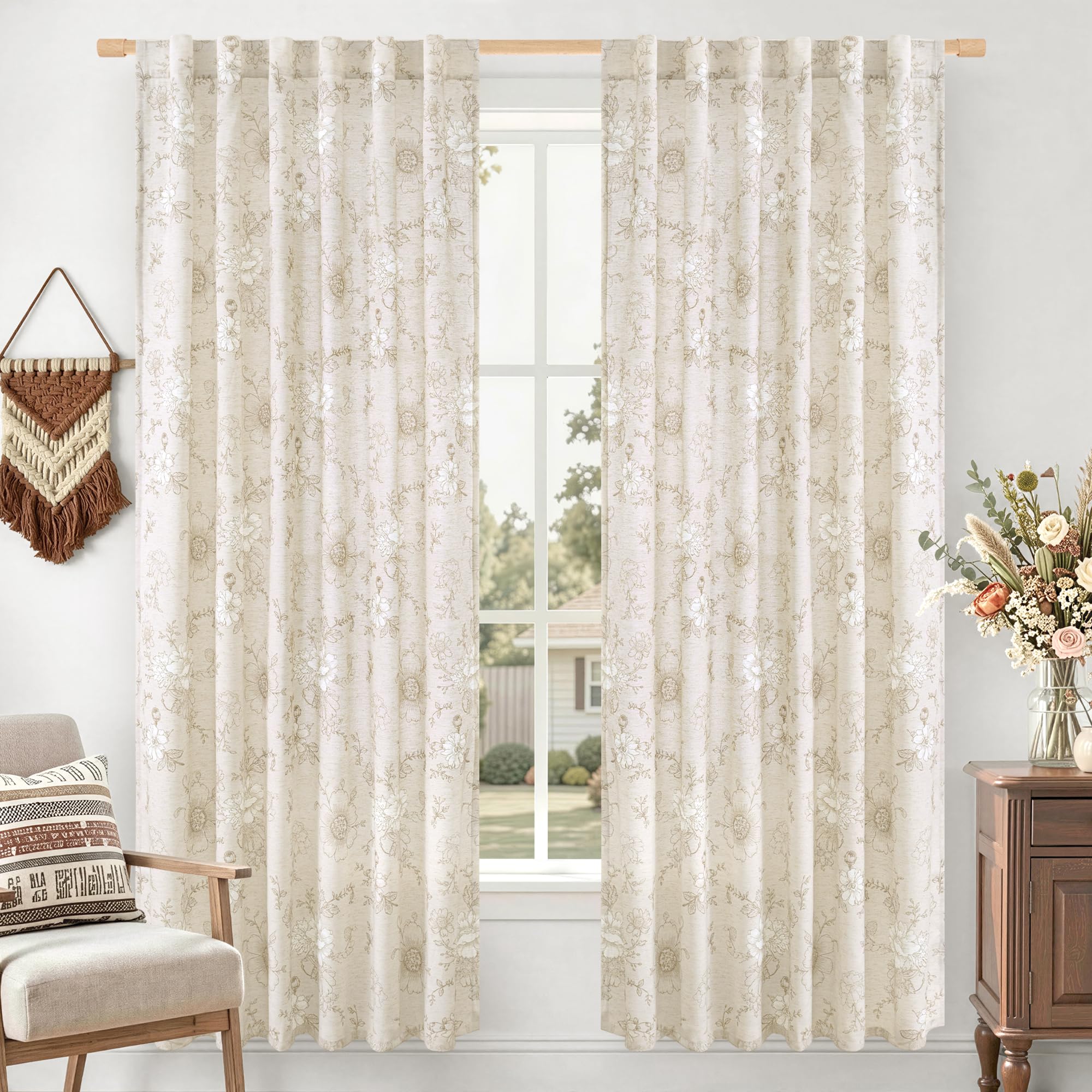 Vintage Floral Linen Curtains - 84 Inch Panels -19