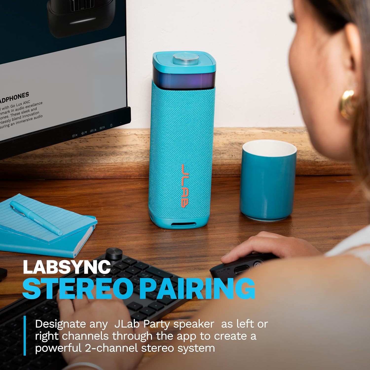 JLab, JBuds Party, Portable Bluetooth Speaker, Waterproof Outdoor Speaker, RGB Lighting, Multi-Speaker Connect, Cyan thumbnail
