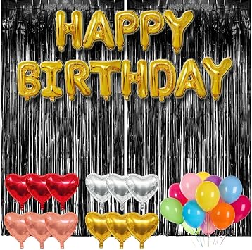 77Pcs Black Happy Birthday Party Decorations Kit, Happy Birthday Banner, Black Tinsel Curtain Backdrop, 4 Colors Foil Heart Balloons with 50Pcs Colorful Balloons New Years Party Decor for Boys Men