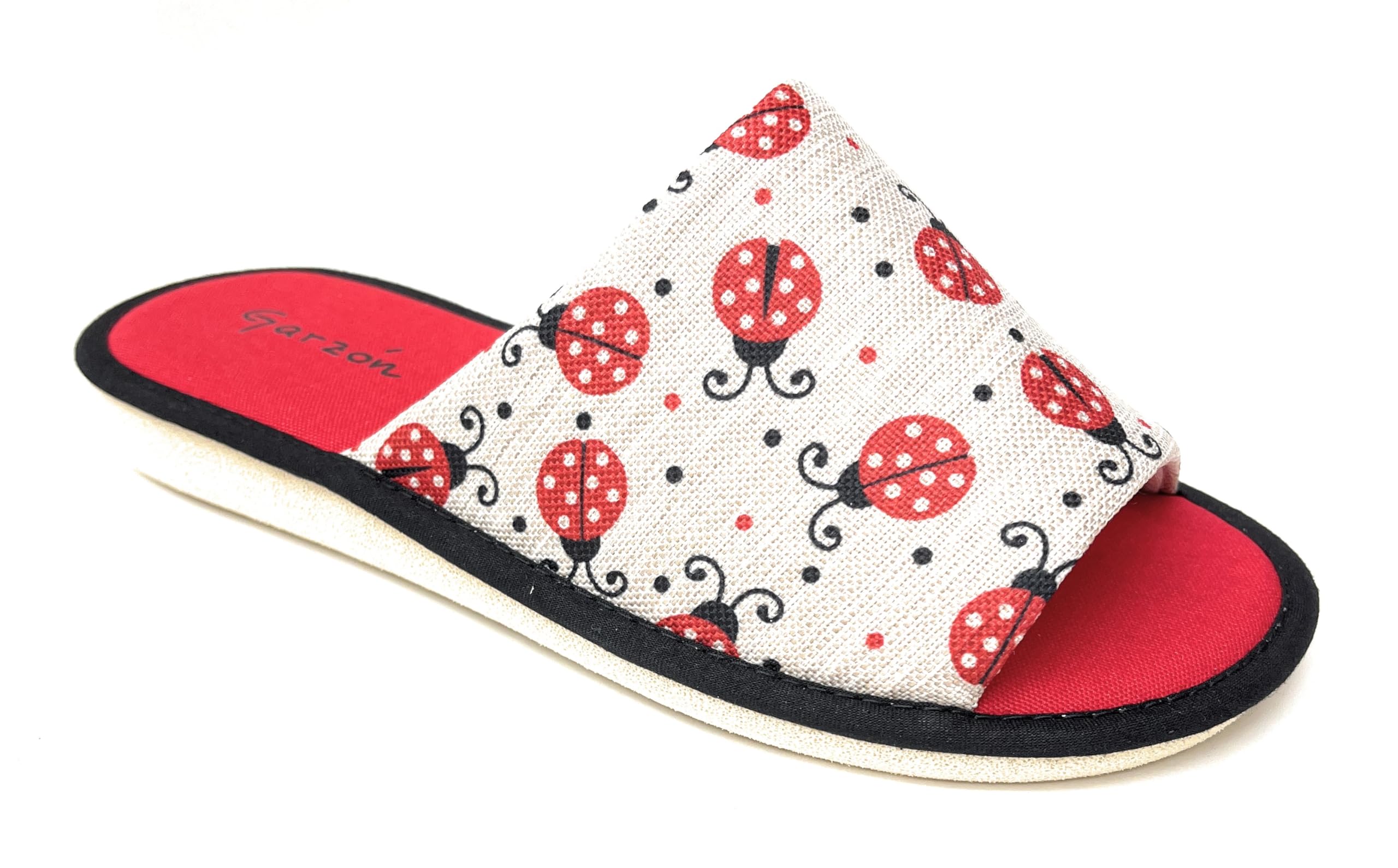 GARZON Garzón.Pantuflas Abiertas para Mujer, Diseño de Mariquitas Rojas,Zapatillas de Casa.Verano.Suela Especial Parquet.