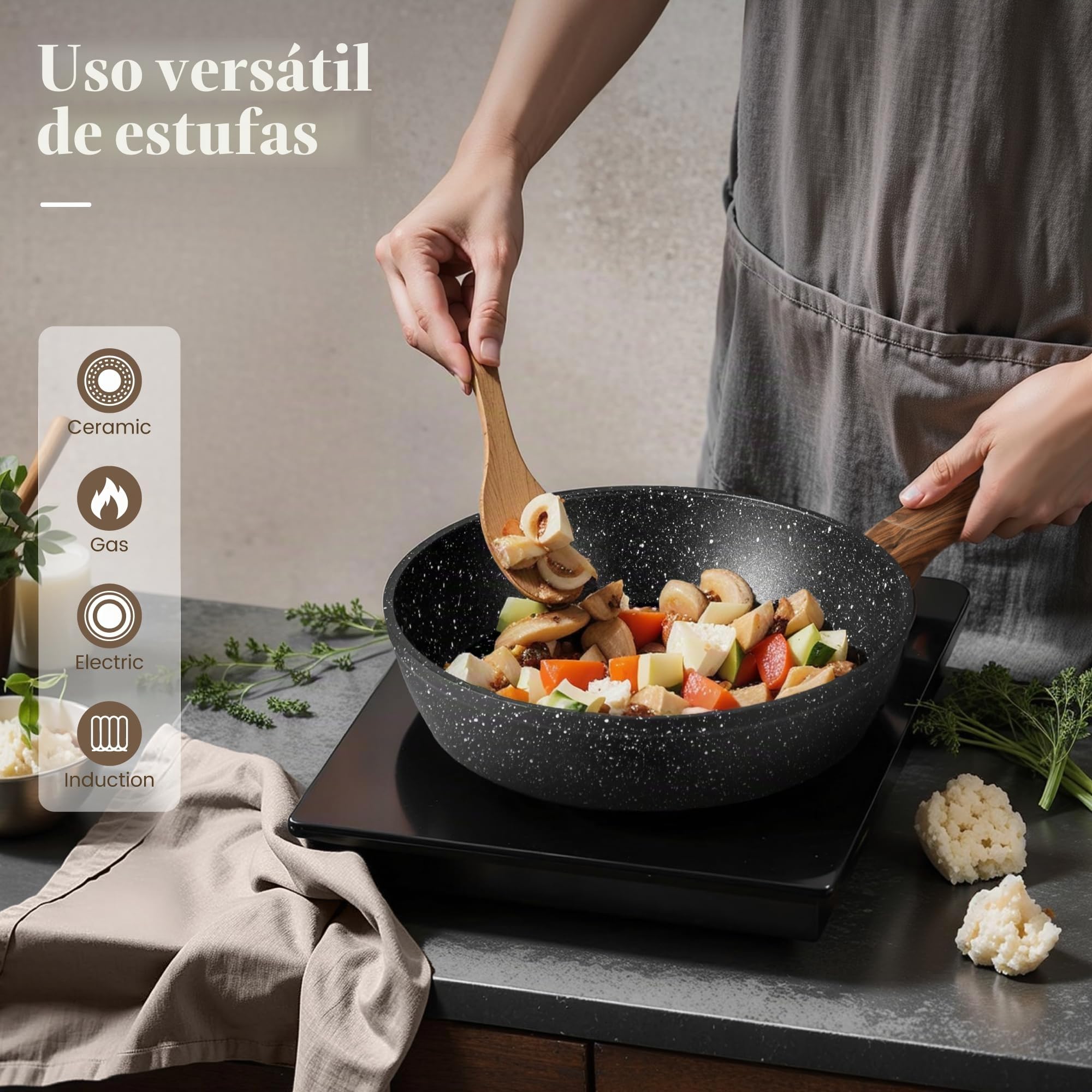 Kitchen Academy Bateria de Cocina Induccion y Sartenes Antiadherentes - 12 piezas Juego de Sartenes Antiadherentes, Sartenes Induccion Cacerolas libre de PTFE y PFOA (Negro)