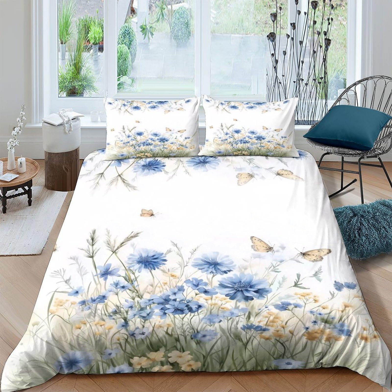 Ctjqhvkz Style-4 3D Printed Wildflower Fitted Sheet Microfiber Blue Floral Butterfly Mattress Cover For Bedroom Guest Room Decor Single（135X200cm）