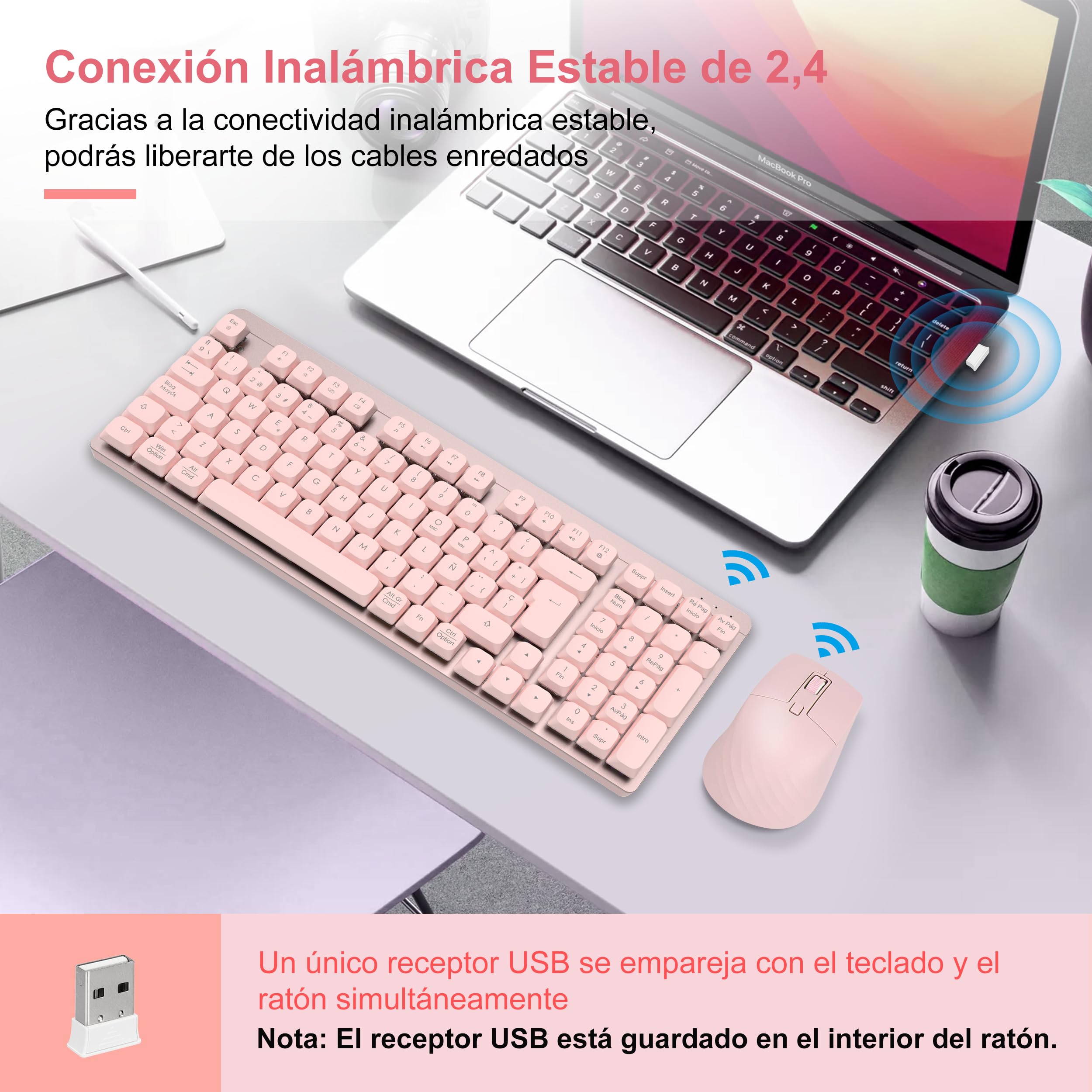 LeadsaiL Teclado Mecánico de Perfil Bajo, FA98 Pack Teclado y Ratón Inalámbrico con Switch Rojo, 2.4GHz Conexión, Linear Teclas QWERTY Español Keyboard con Teclado numérico para Windows, Mac-Rosa