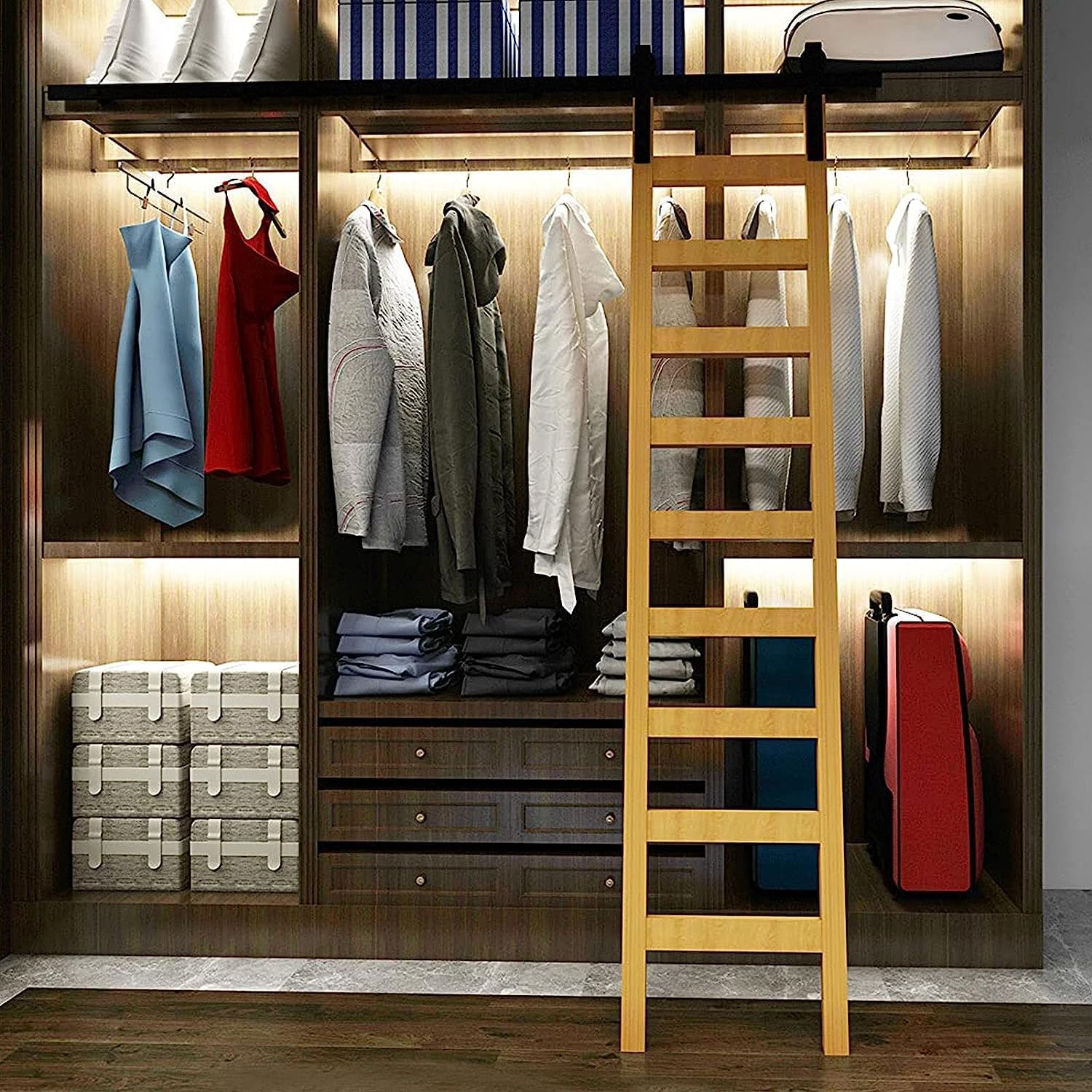 Stand Up Black Rolling Home Office Library Hardware(No Ladder)，Black Flat Tube Mobile Ladder Track(200cm Extention Track) for Home/Indoor/Loft (Size : 10ft/300cm)