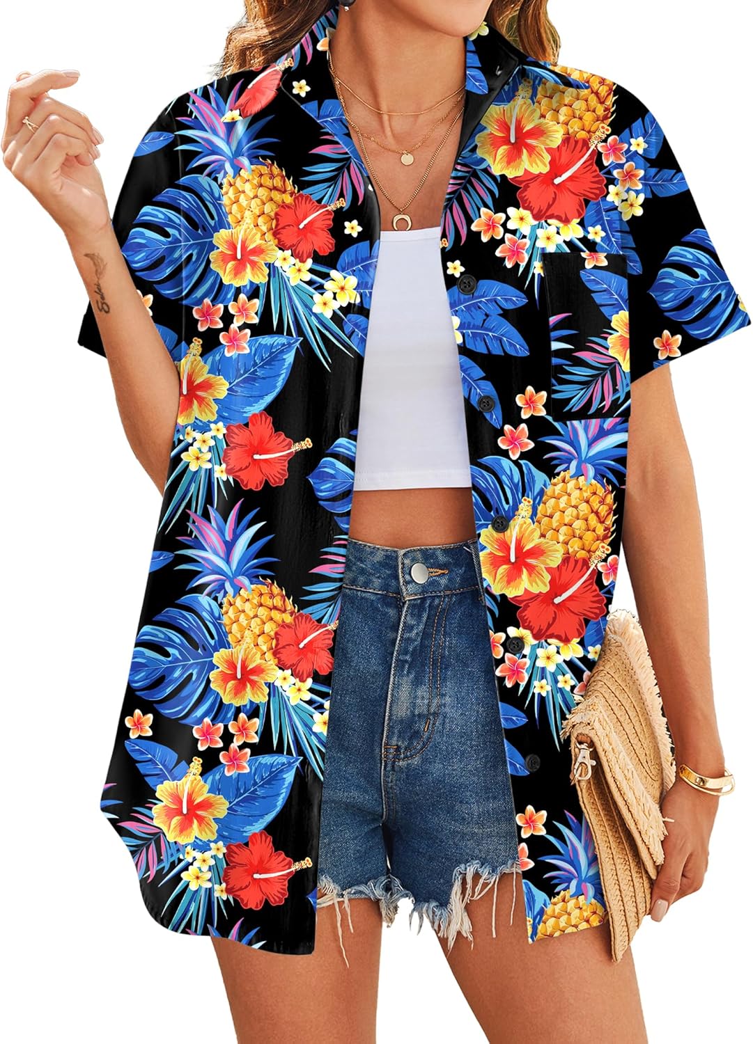 HOTOUCH Women's Hawaiian Summer Cool Floral Tropic Print Beach Short Sleeve Button Up Shirt