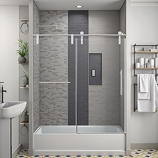 NicBex Shower Doors for Bath Tub 56-60" W x 66" H Frameless Single Sliding Bathtub Shower Door, 5/16" ANSI Certified Tempered Glass and Exquisite Roller Rail for Bathroom, Chrome