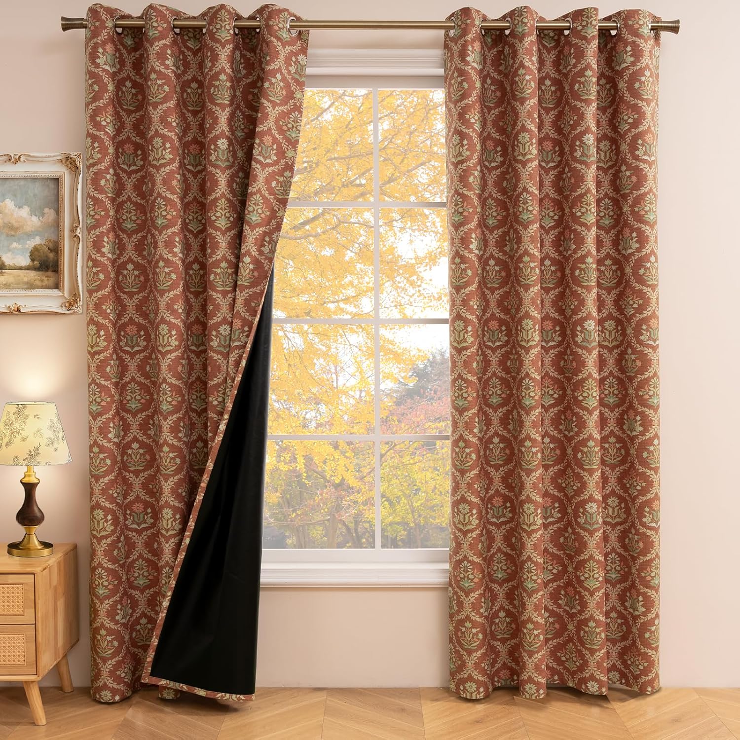 ColorBird 100% Blackout Curtains for Nursery Girls Bedroom Decor Floral Green and Pink Block Print Patterned Cottage Core Curtains & Drapes 84 Inches for Living Room Window Treatments
