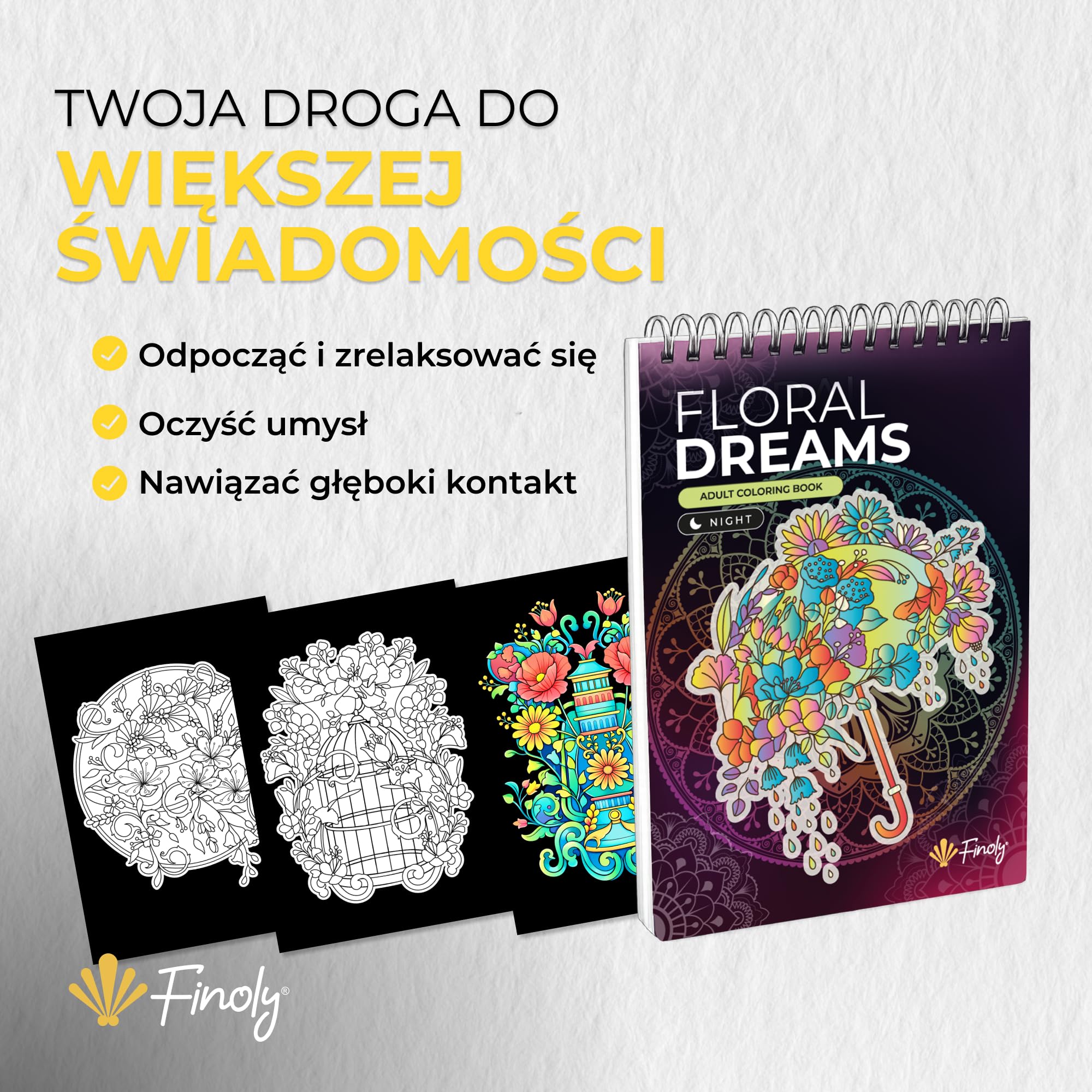 Finoly Kolorowanka dla Dorosłych Kwiaty A4 Redukcja Stresu | Kolorowanki dla Dorosłych Początkujących i Zaawansowanych | Zeszyt do Kolorowania Mindfulness Antystresowy, Gruby Papier (Noc)