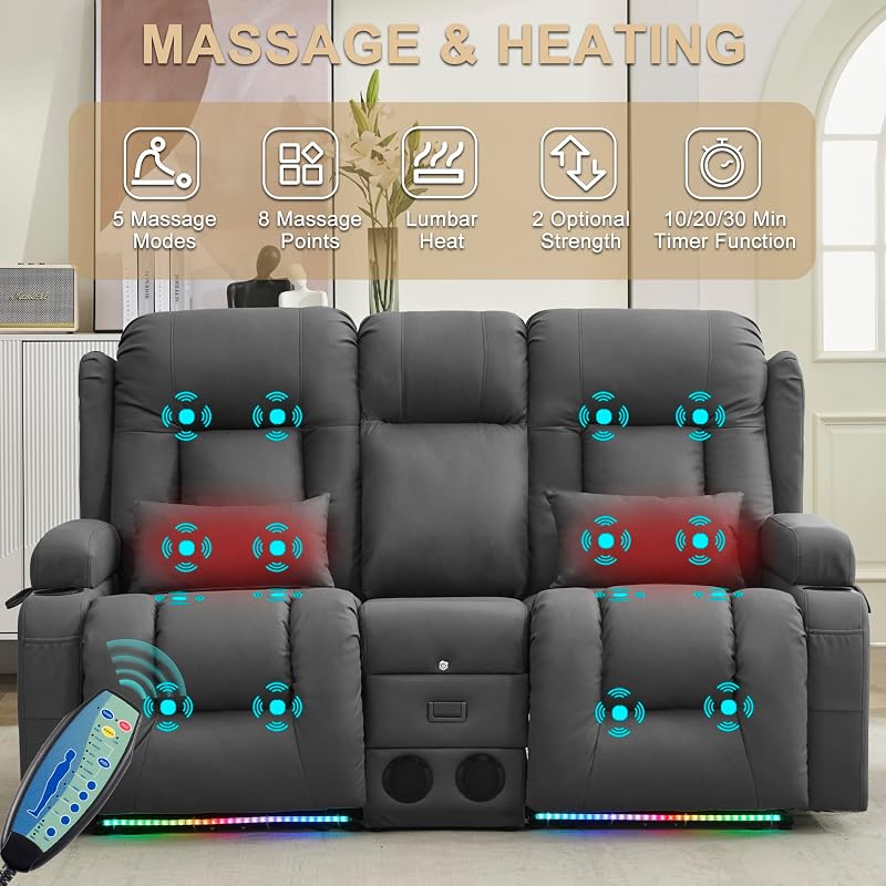 URRED Power Loveseat Recliner Sofa with Massage and Heat，Grey image 5