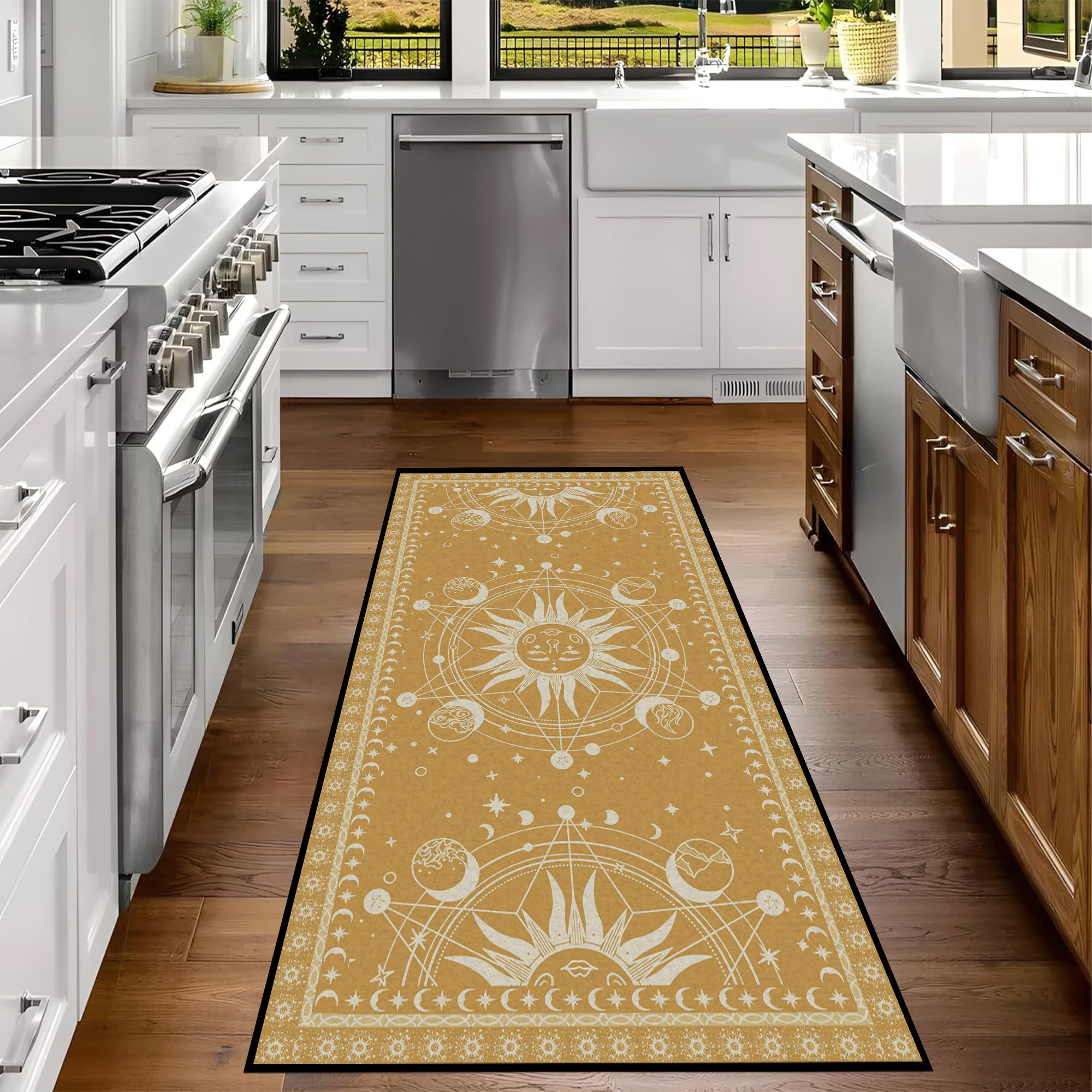 Tapis de soleil et de lune – Tapis céleste bohème pour chambre à coucher, dortoir, salon, motif croissant de croissant solaire, étoiles, galaxie, 200,7 x 99,1 cm, or aztèque