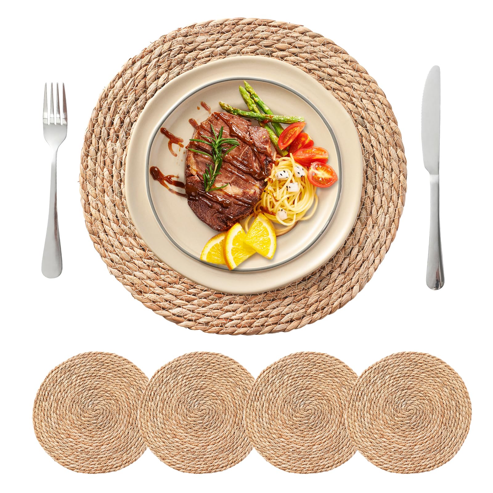 13.8'' Round Woven Placemats Set of 4, Boho Wicker Chargers, Terrekraft