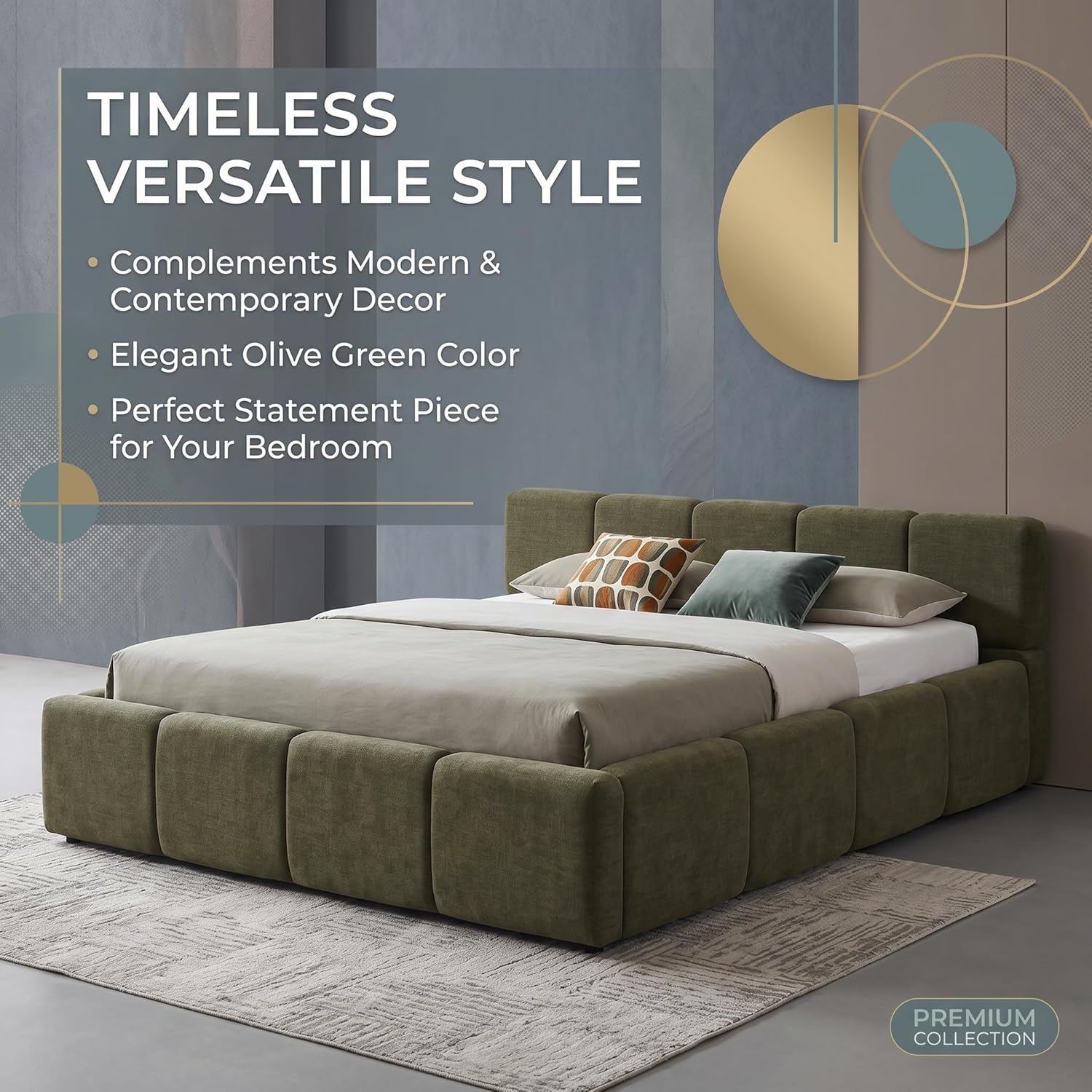 JIJIWANG California King Boucle Upholstered Platform Bed Frame, Linen Grounded Bed with Headboard and Footboard, Block Style Bed for Adults Kids Green