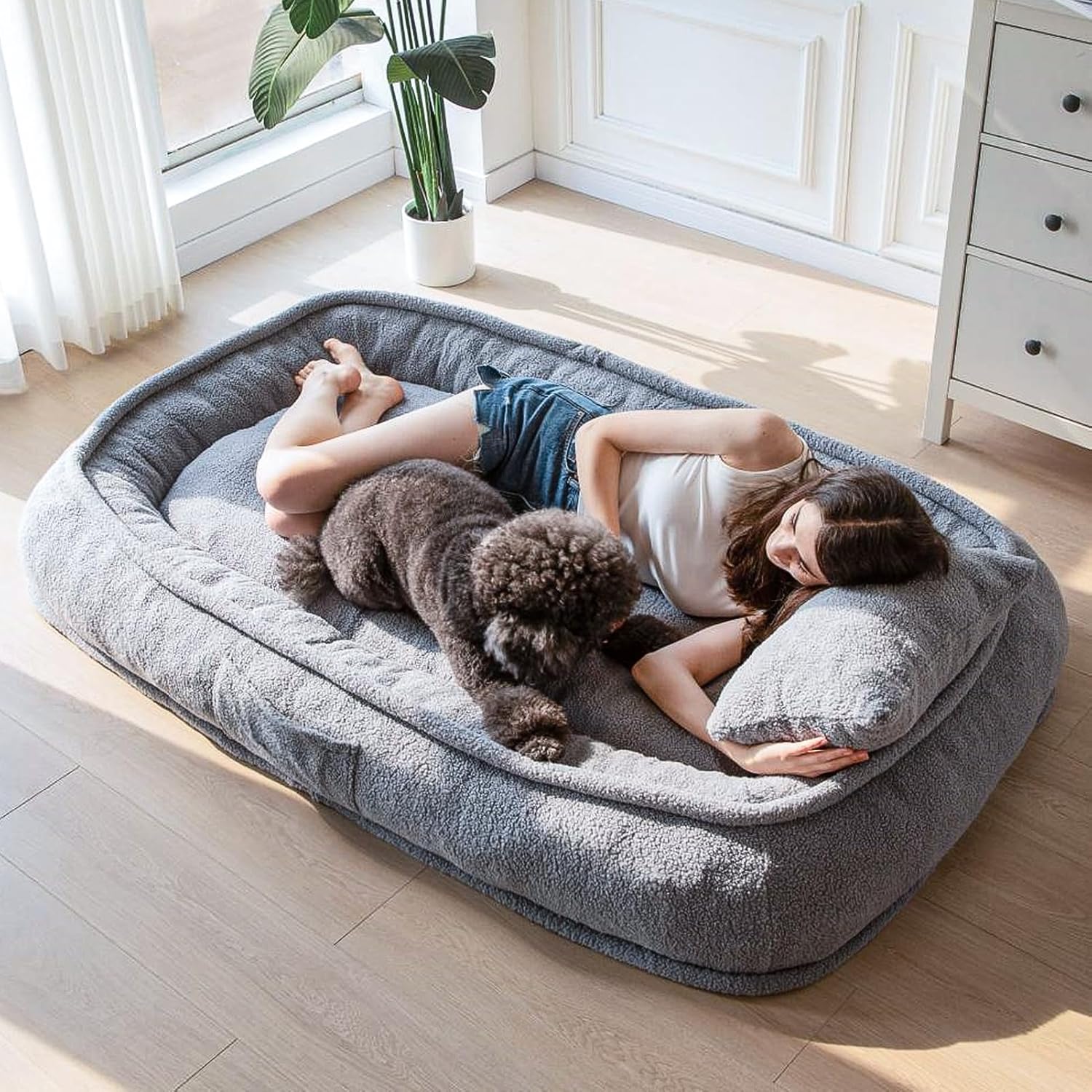 MAXYOYO Human Dog Bed with Pillow, Giant Bean Bag Bed for People Adults, Extra Large Size Dog Bed for Pets, Cozy Nap Bed with Handle, Removable Cover, Grey, 72.8"x45.3"x12"