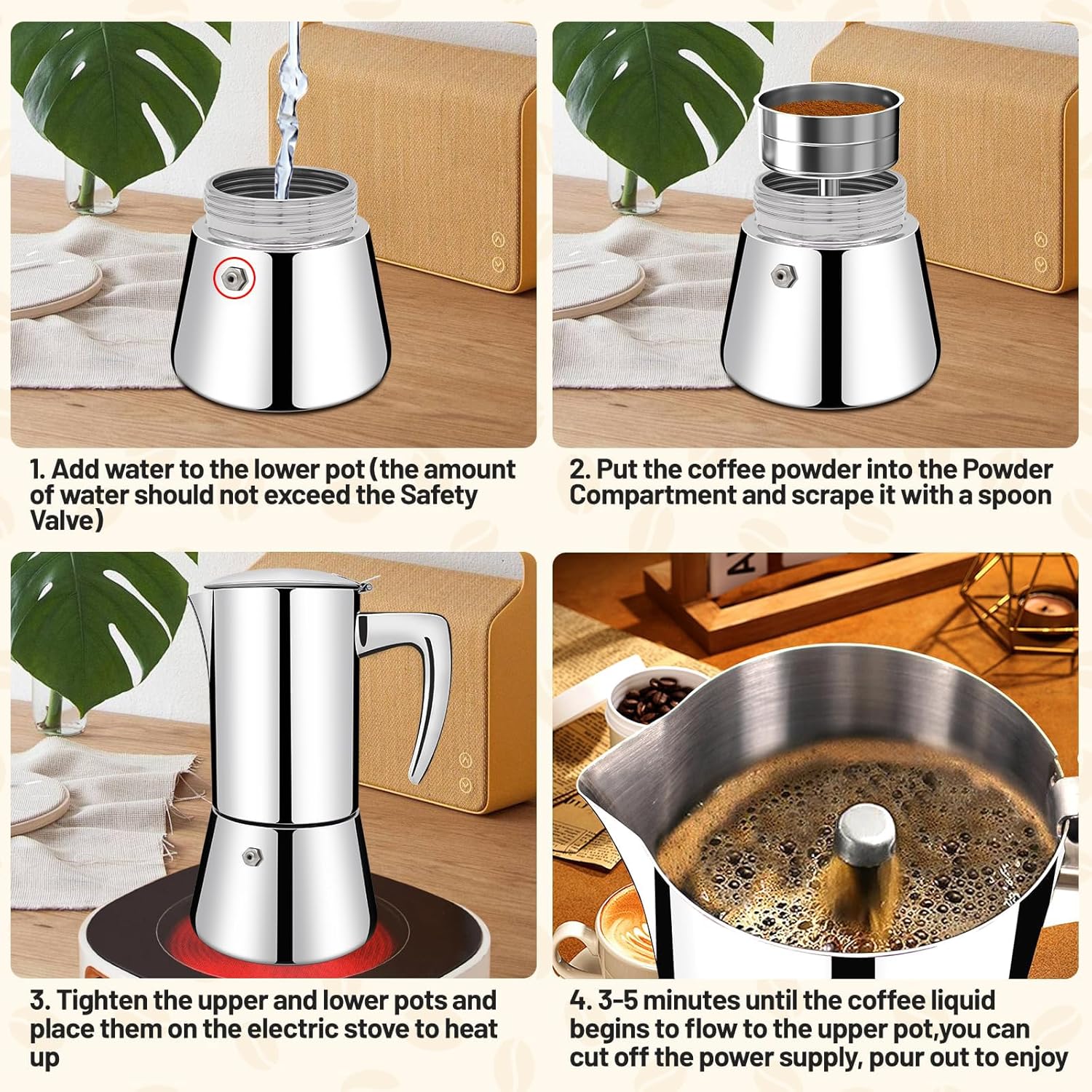 Espresso Maker Stovetop Coffee Stainless Steels Brewer with Handle & Knob Pots Portable Espresso Coffee Tool