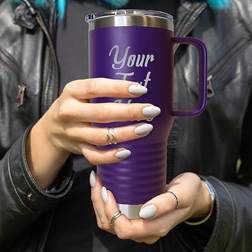 Miniatura 2 de The Wedding Party Store Taza de café aislada de acero inoxidable de 20 onzas con asa y tapa, personalizada con tu nombre o texto (morado)