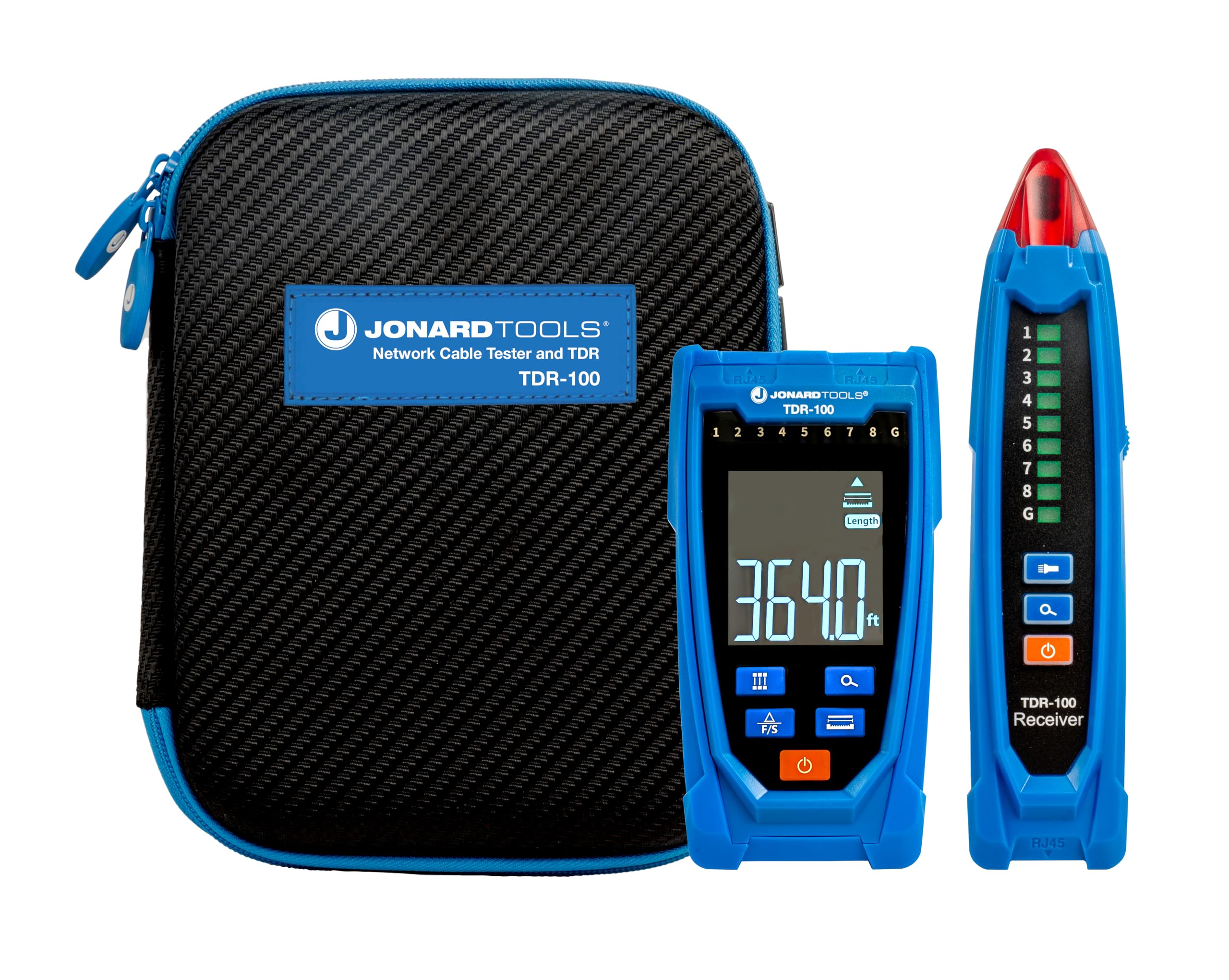 Jonard Tools TDR-100 - Probador de cable de red y TDR, con sonda de rastreo de cables, adaptador RJ45, pantalla LCD y funda de transporte