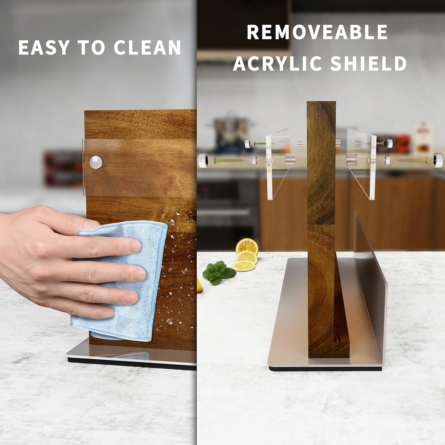 Brosisincorp Acacia Magnetic Knife Block Double-Sided for Kitchen Counter Top - Heavy Duty Base & Shatter-Resistant Acrylic Shield, Holds 10-12 Knives, Space Saving Organizer (No Knives Included)