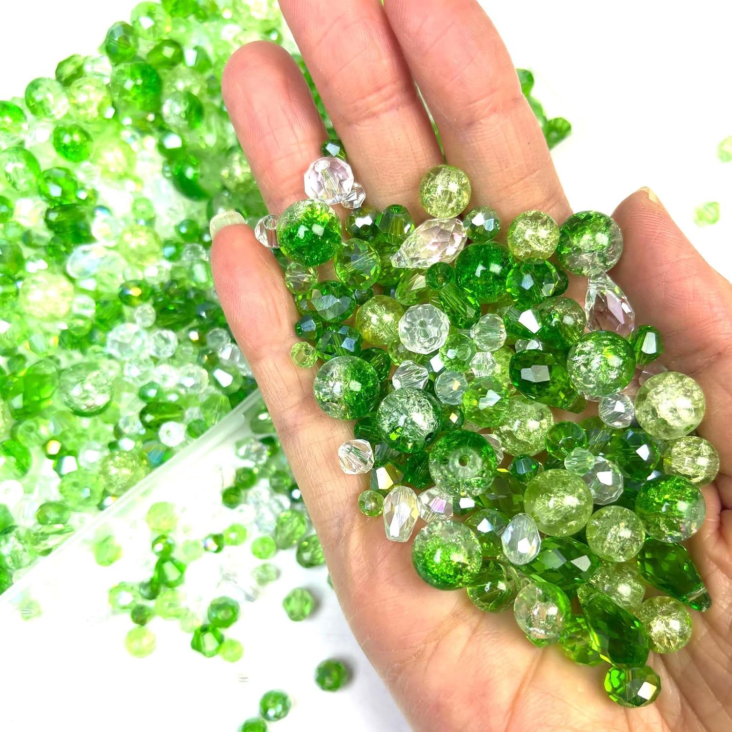 1000pcs Green Glass Beads for Jewelry Making - Assorted Styles Craft Crystal Glass Beads (Teardrop, Bicone, Rondelle, Crackle Round), DIY Bracelet Necklace Earring Craft Kit with Organizer Box