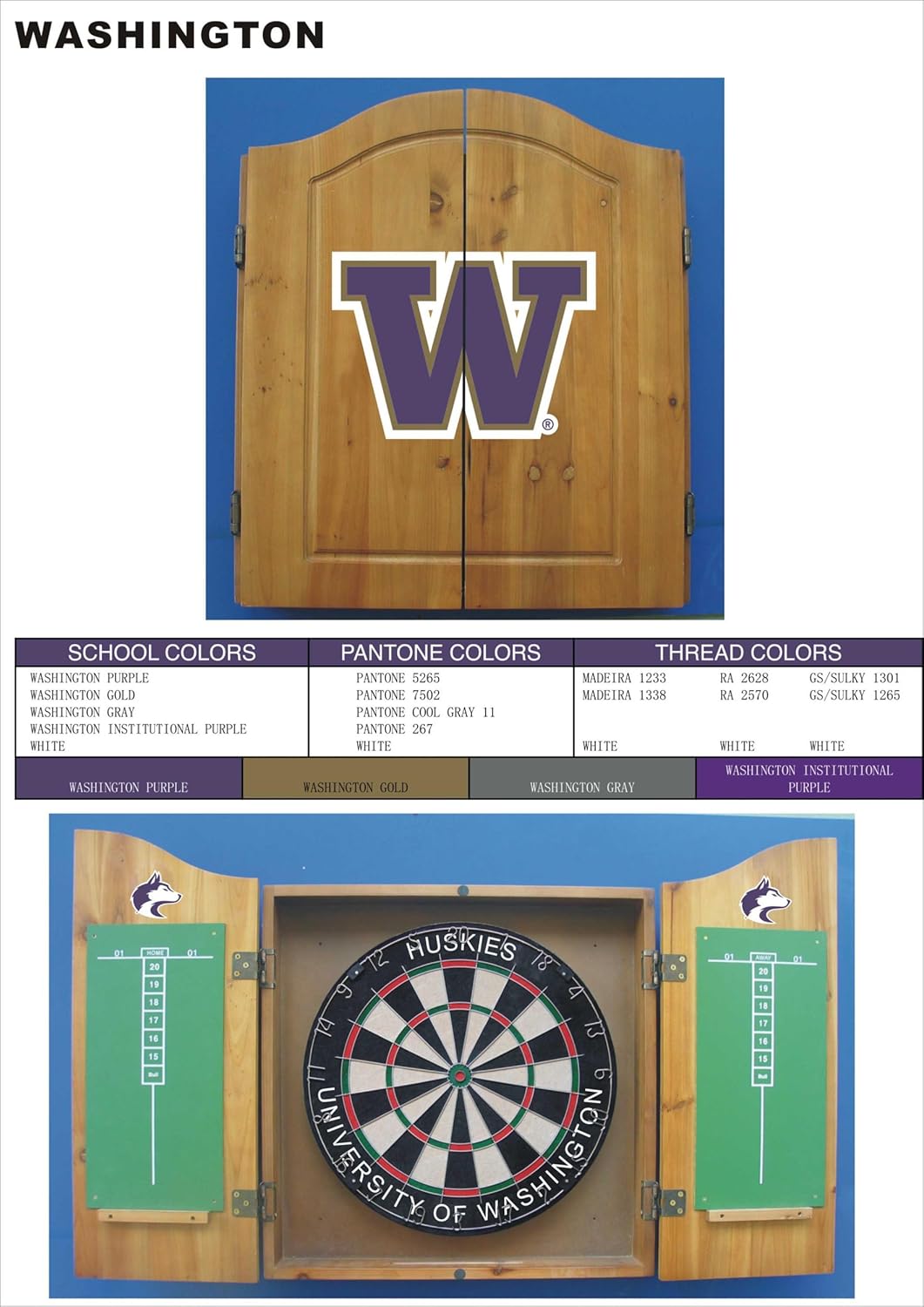 NCAA Washington Huskies Solid Pine Cabinet And Bristle Dartboard Set : Sports & Outdoors