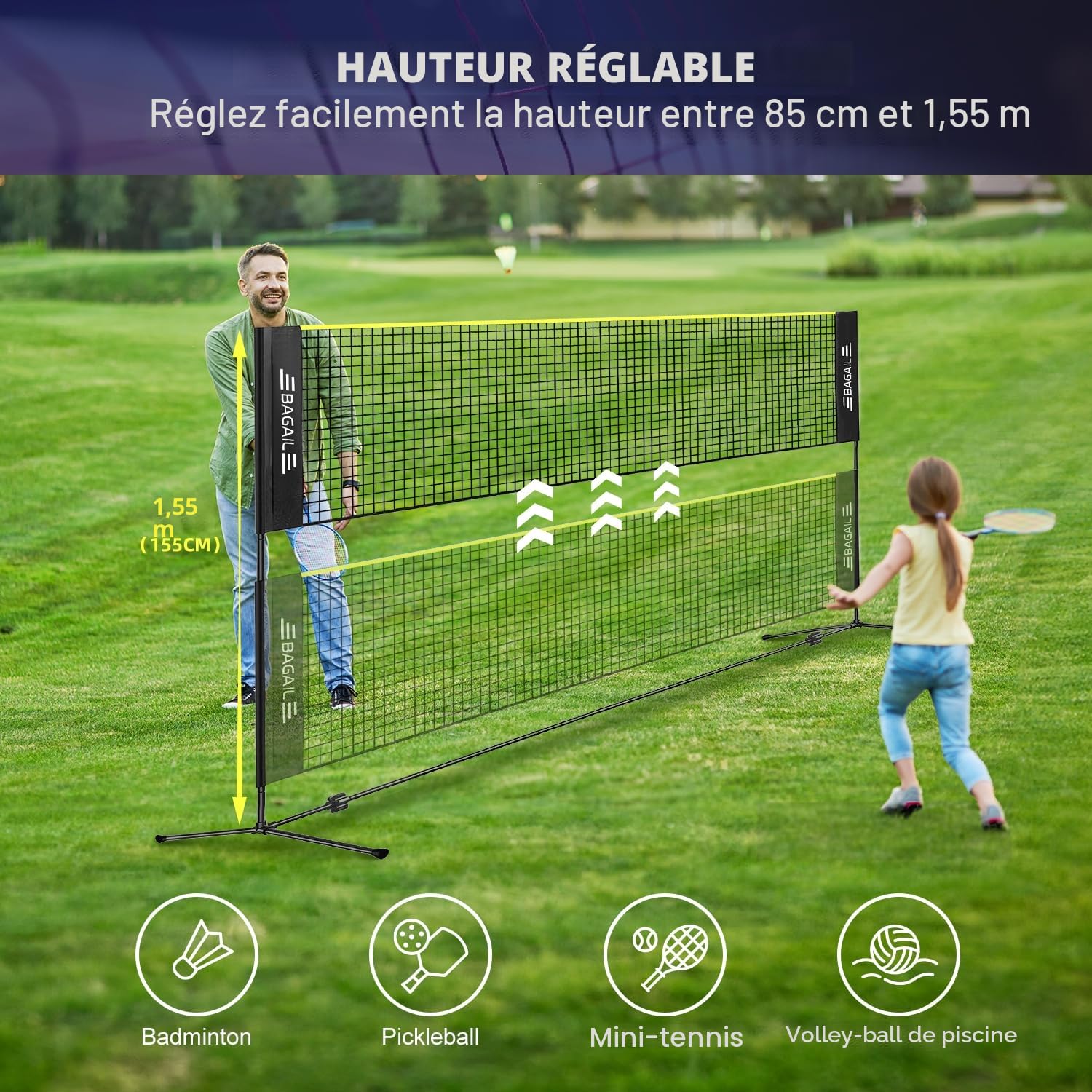 Filet de Badminton, Filet en Nylon Pliable, Support réglable en Hauteur et Sac à Main Portable, Facile à Assembler ou à démonter, idéal pour Le Tennis, Le Badminton pour Enfants ou Le Volley - Ball