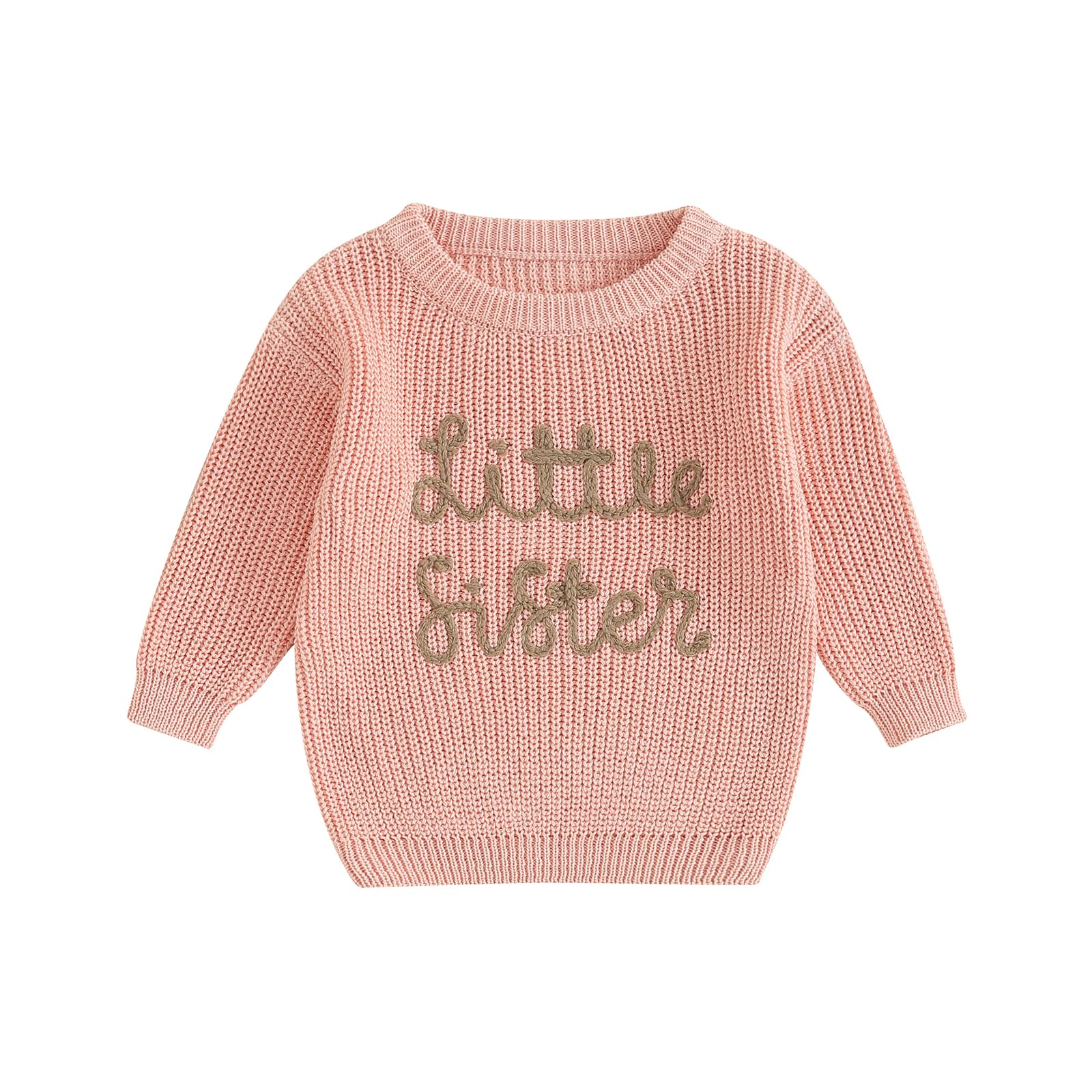 Dcohmch Toddler Girl Knit Sweater Big Sister Little Sister Macthing Outfit Embroidery Pullover Shirt Fall Winter Clothes (Peach Lil, 0-3 Months)