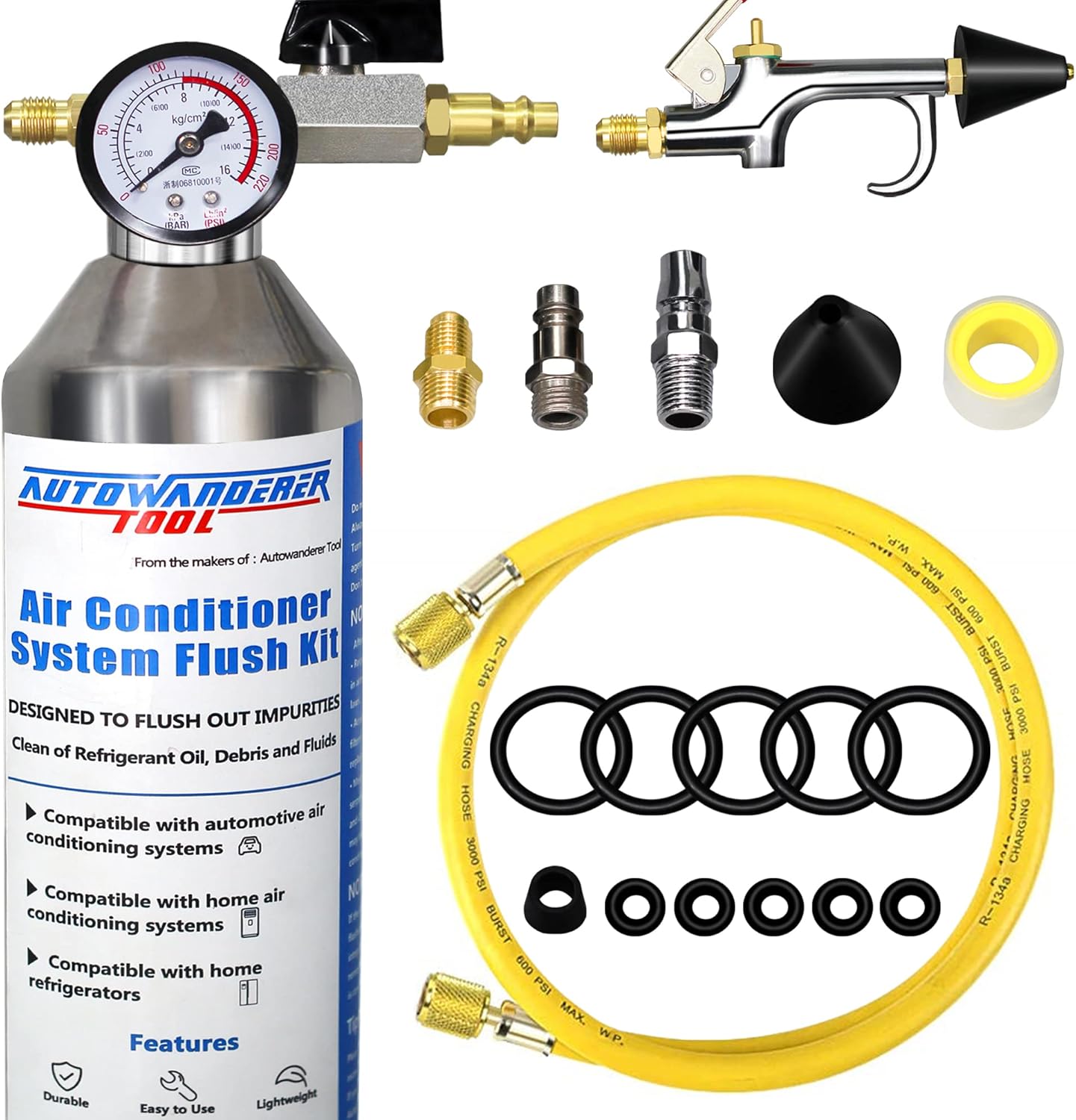 AutoWanderer Tool AC Flush Kit Air Conditioner System Flush Canister Gun Set for