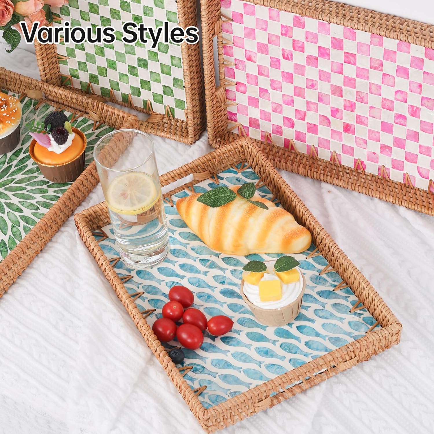 Rectangle Rattan Tray with Mother of Pearl Inlay, Rattan Serving Tray with Handle for Coffee, Bread, Fruits, Snacks, Decorative Wicker Tray for Table Decor (Rectangle Turquoise Fish, 13"×9") - Image 4