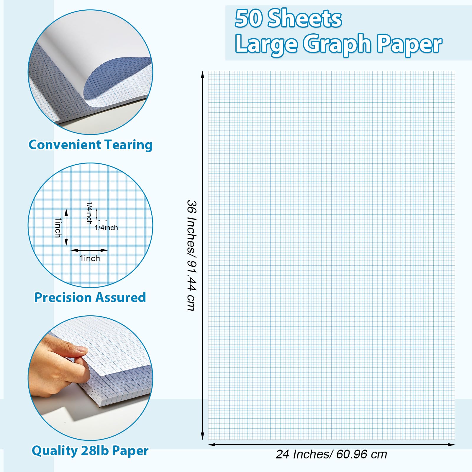 gisgfim Lot de 50 feuilles de papier graphique ligné de 61 x 91,4 cm pour architecte, concepteur, mathématicien, dessinateur (blanc bleu)